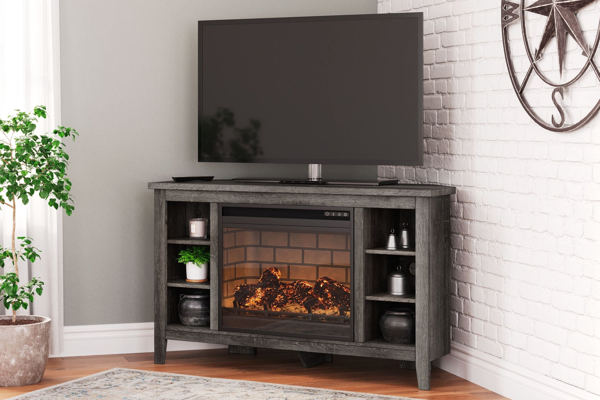 Signature Design by Ashley® Arlenbry - Gray - Corner TV Stand With Faux Firebrick Fireplace Insert | Meri Furniture