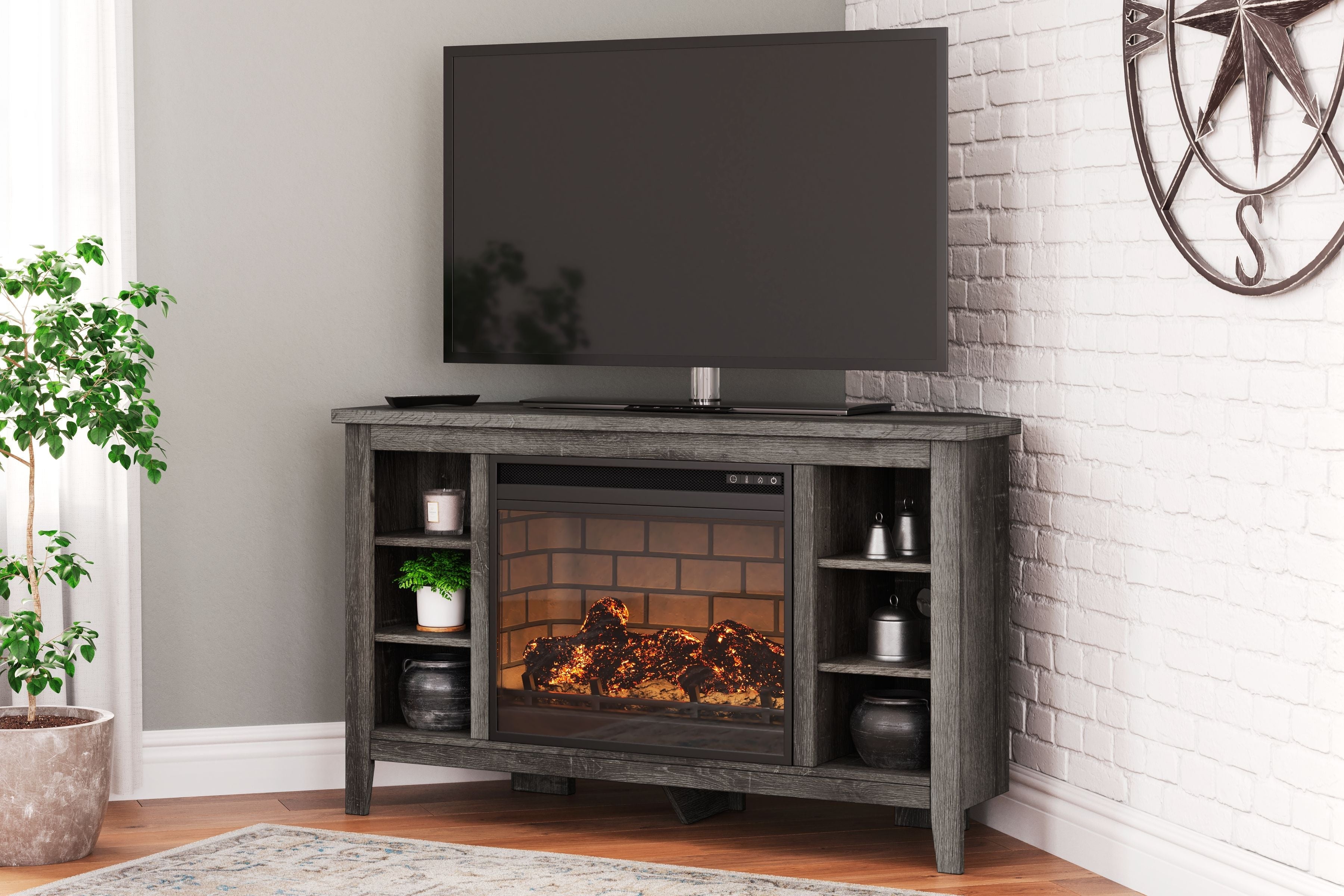 Signature Design by Ashley® Arlenbry - Gray - Corner TV Stand With Faux Firebrick Fireplace Insert | Meri Furniture
