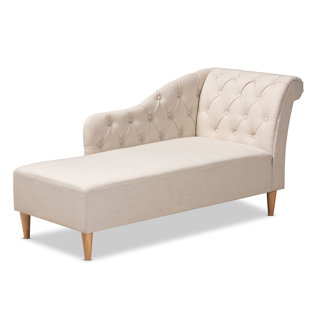 Emeline Modern and Contemporary Beige Fabric Upholstered Oak Finished Chaise Lounge