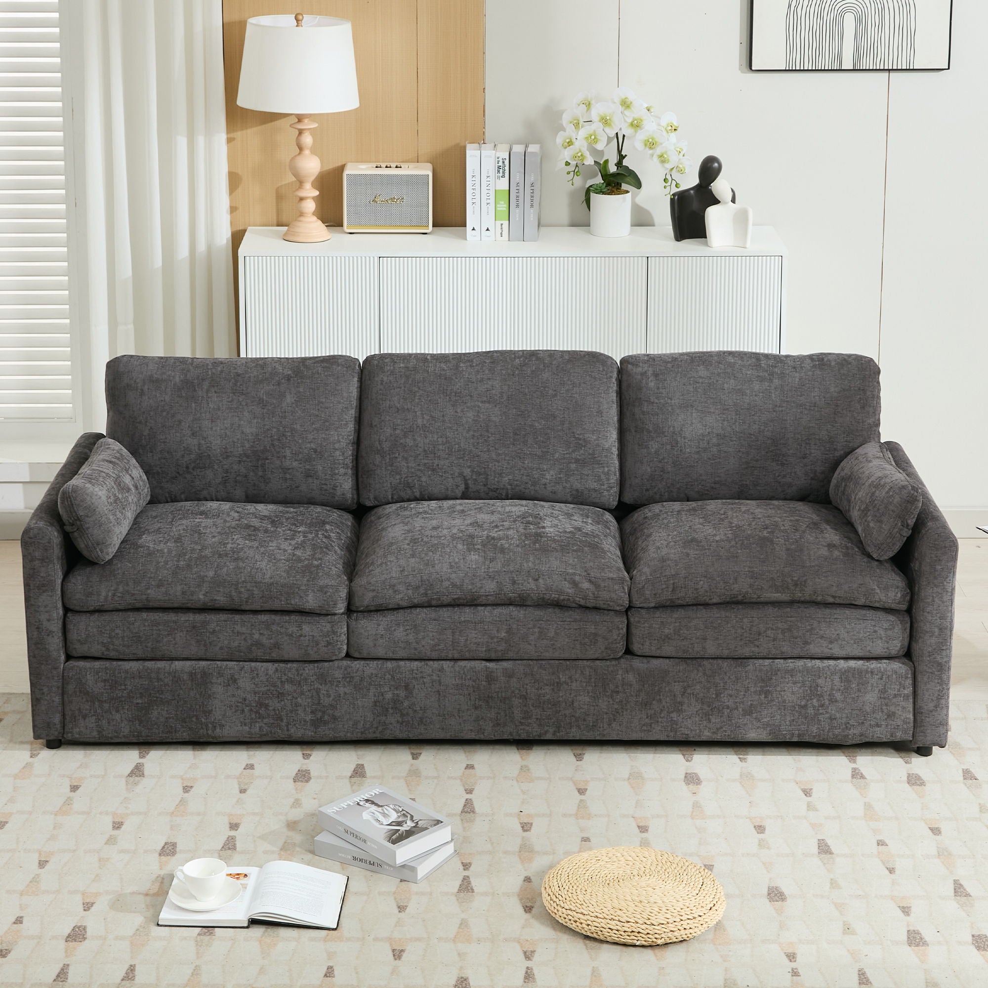 Cozy Upholstered 3 Seater Sofa Plush Cushion For Living Room