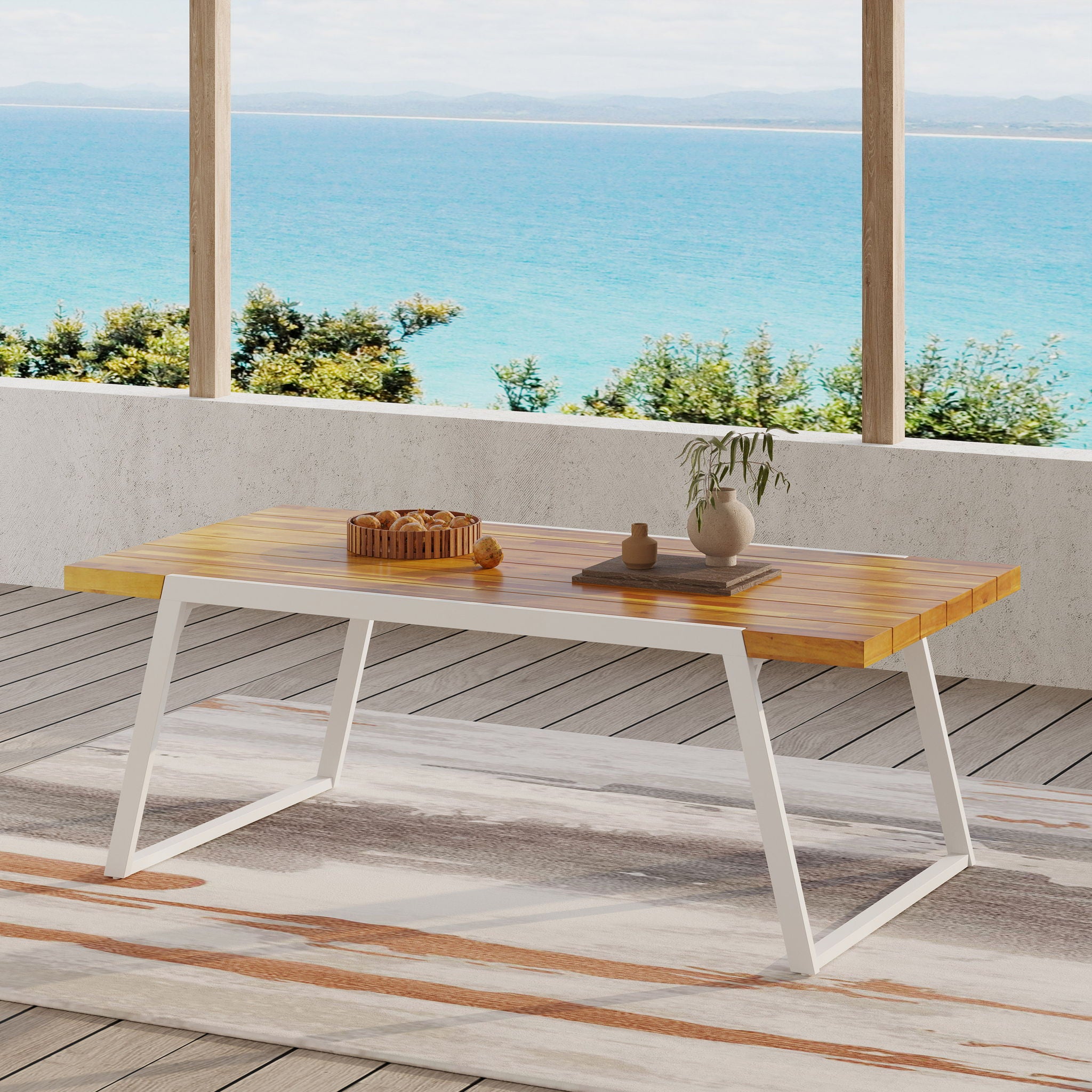 Outdoor Dining Table With Slat Top - Teak / White