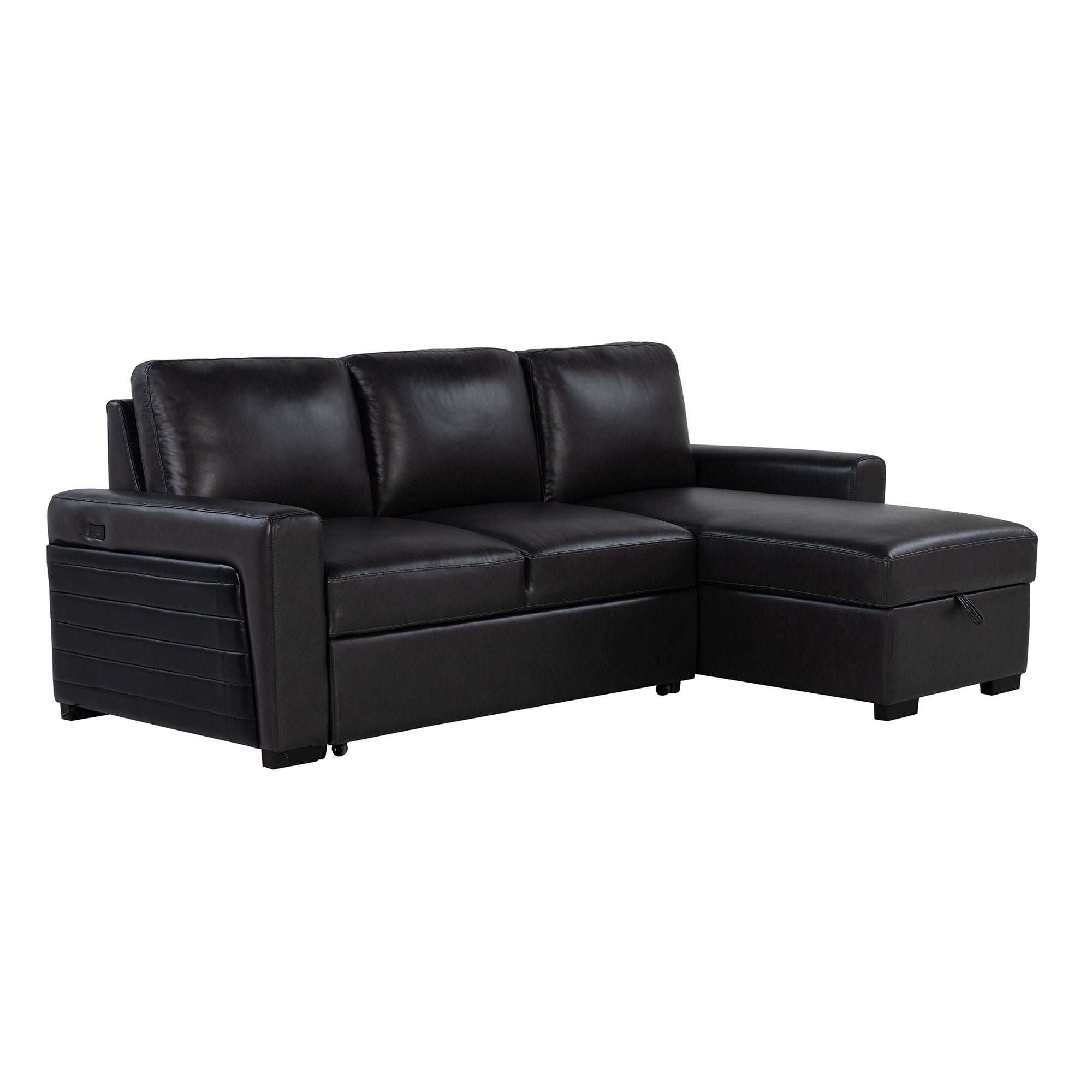 Montero - Sofa With Pull Out Bed, Drop Down Table, USB And Cup Holders, Storage Chaise - Charcoal Black