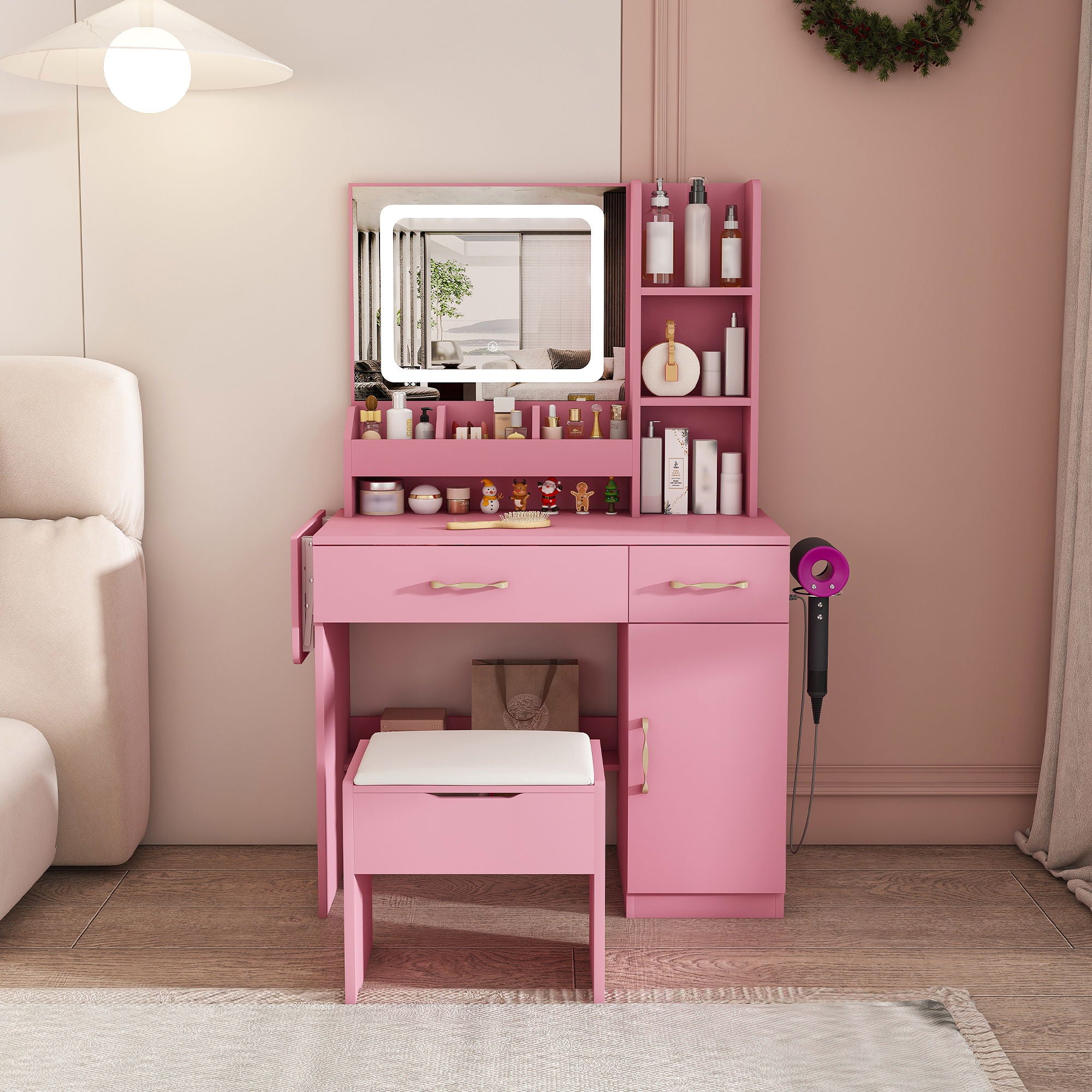 Vanity Desk With LED Mirror Lights And Power Outlet Charging Station, 3 Drawers, 7 Shelves, Storage Stool - Pink