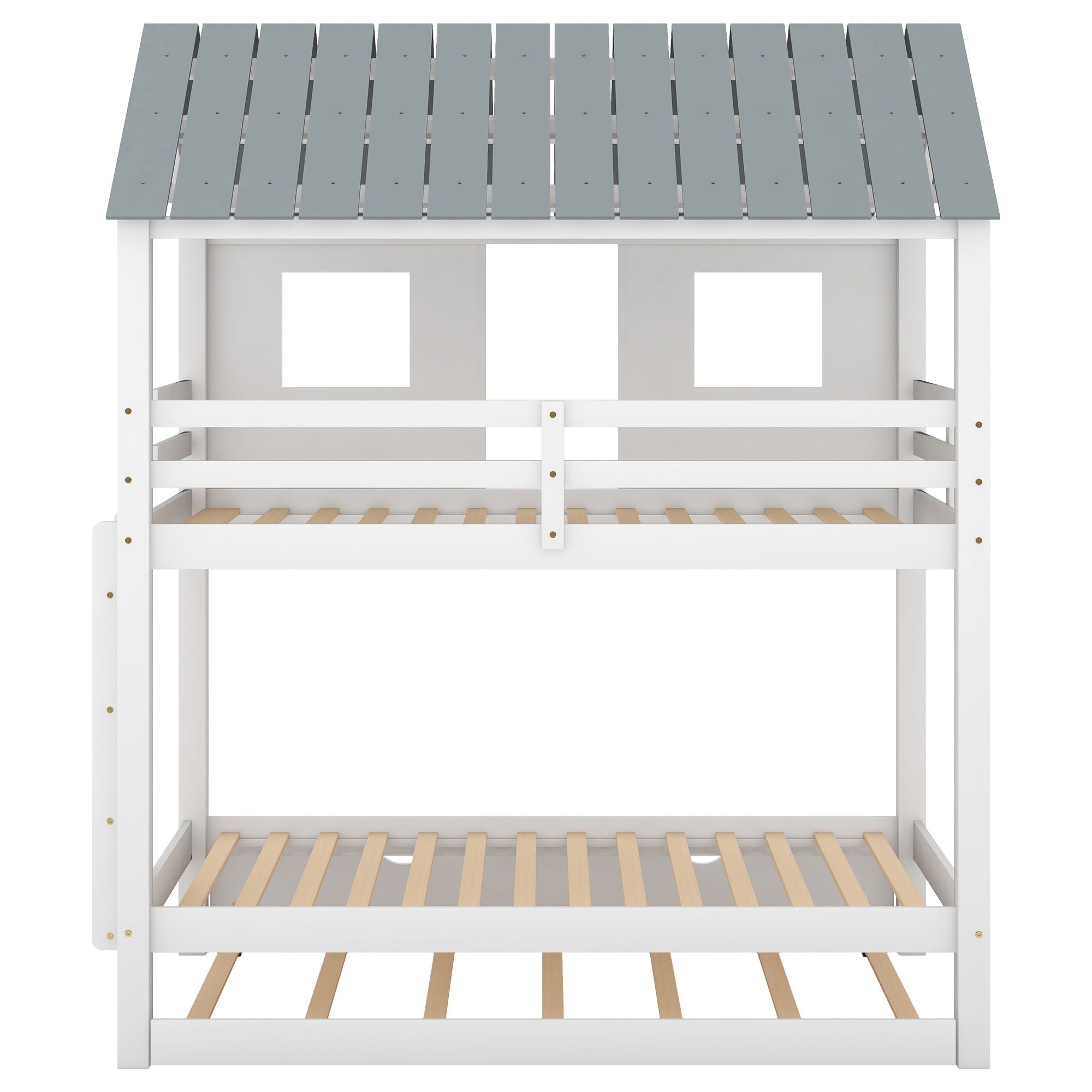 Twin Size House Bunk Bed With Trundle, Roof And Windows - White / Gray