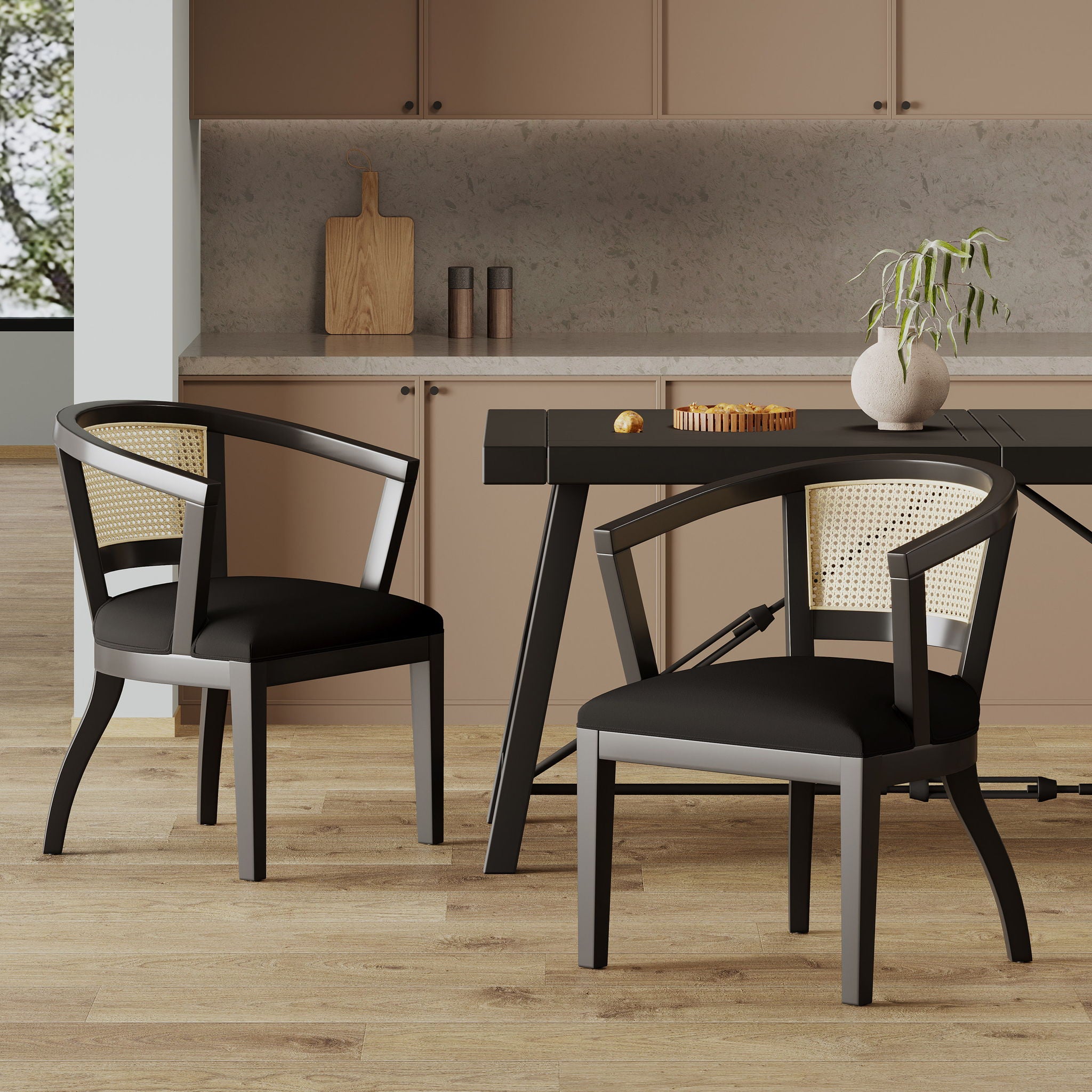 Elegant Dining Chair With Cane Web Backrests And Velvet Upholstery