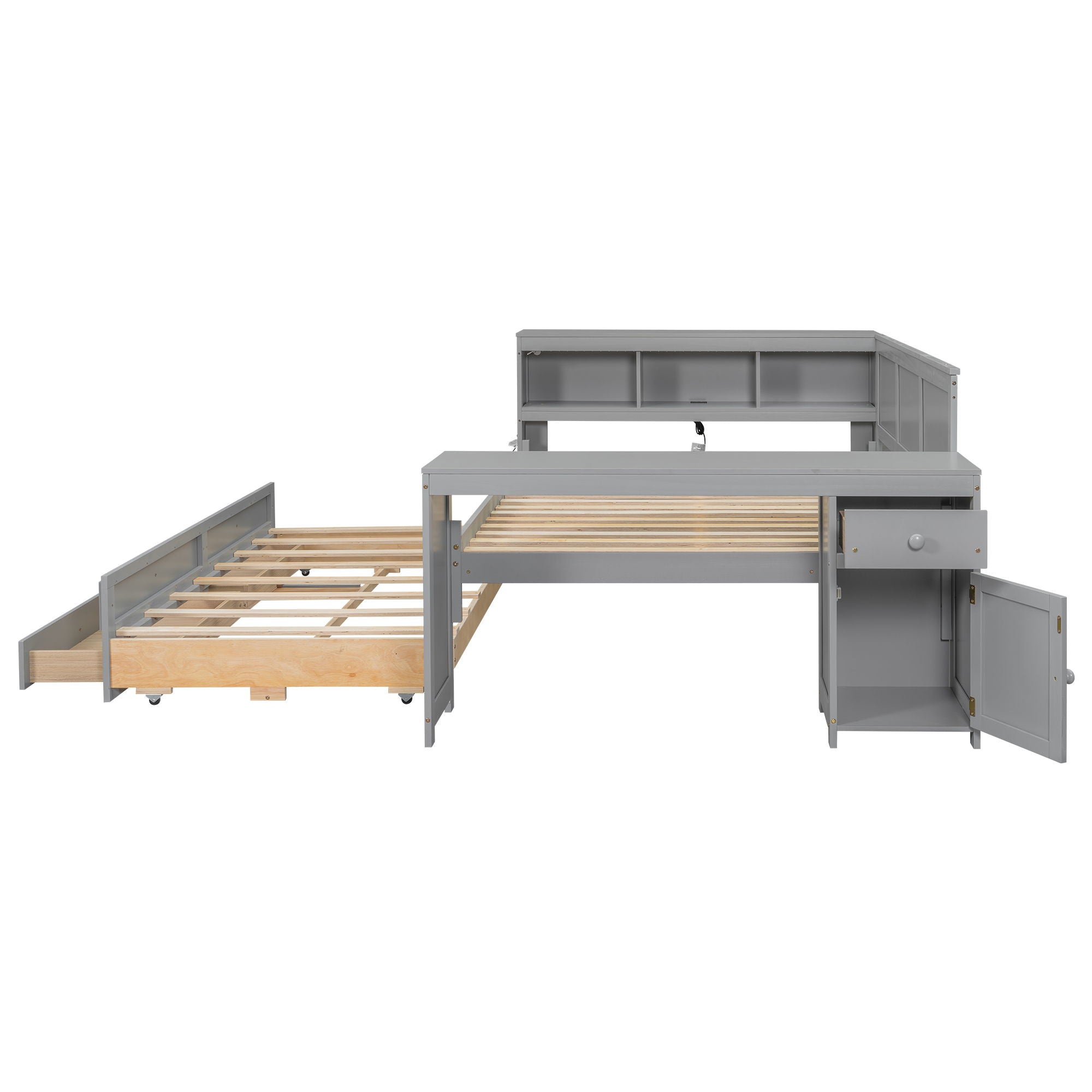 Daybed With Storage Shelves, Drawers, Trundle, Charging Station, LED Light, Desk And Cabinet