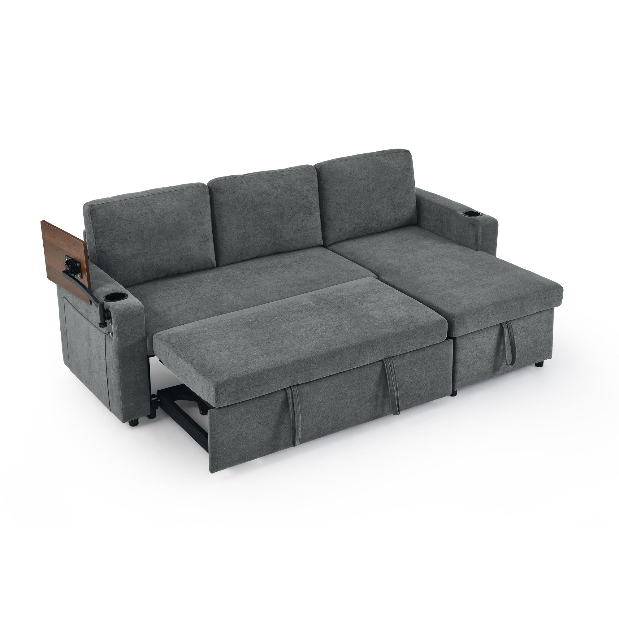 Multi Functional Pull Out Bed Sofa With Retractable Table, LED Lighting, USB Charging Ports & Cup Holders