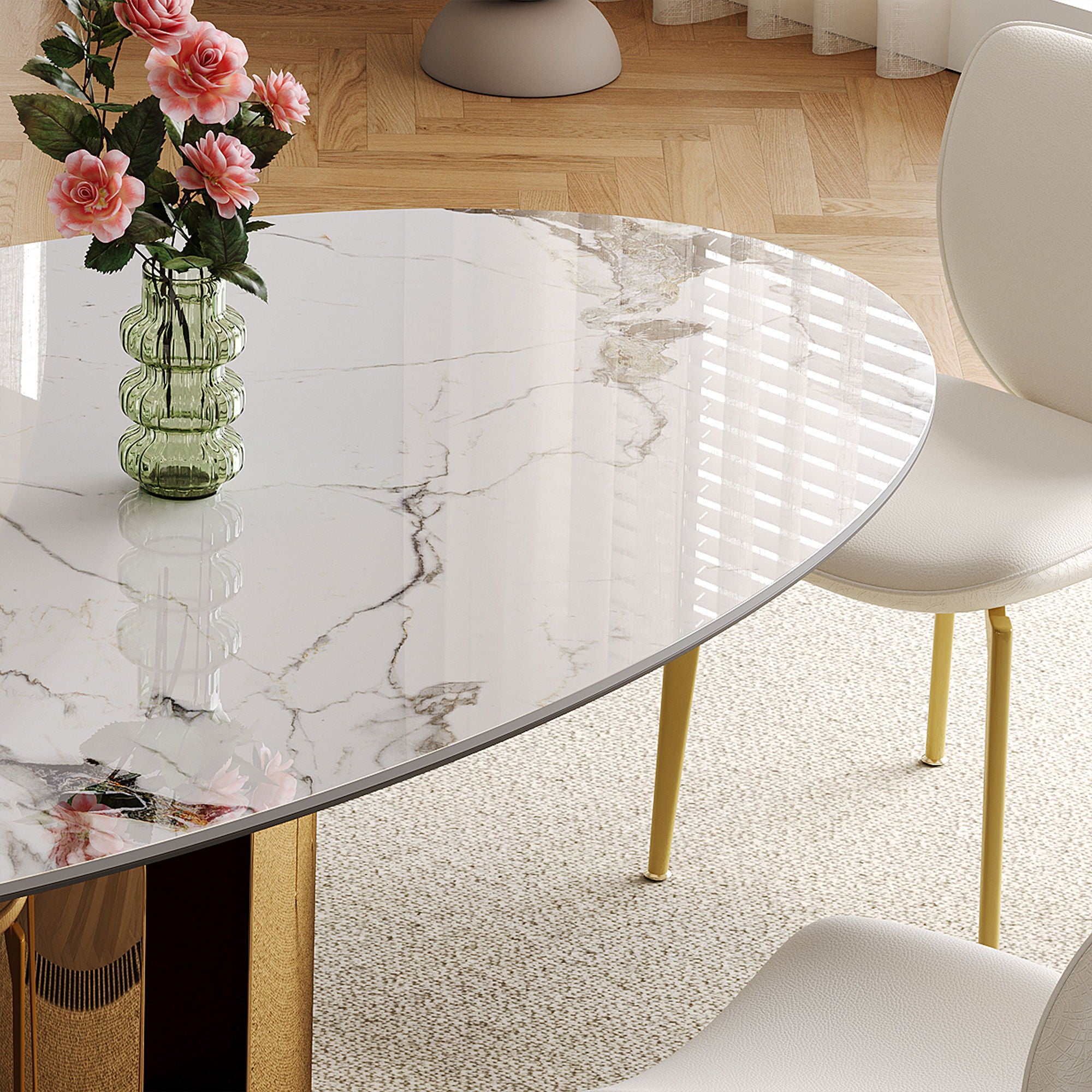 Steel Base Oval Sintered Stone Dining Table With 4 Chairs