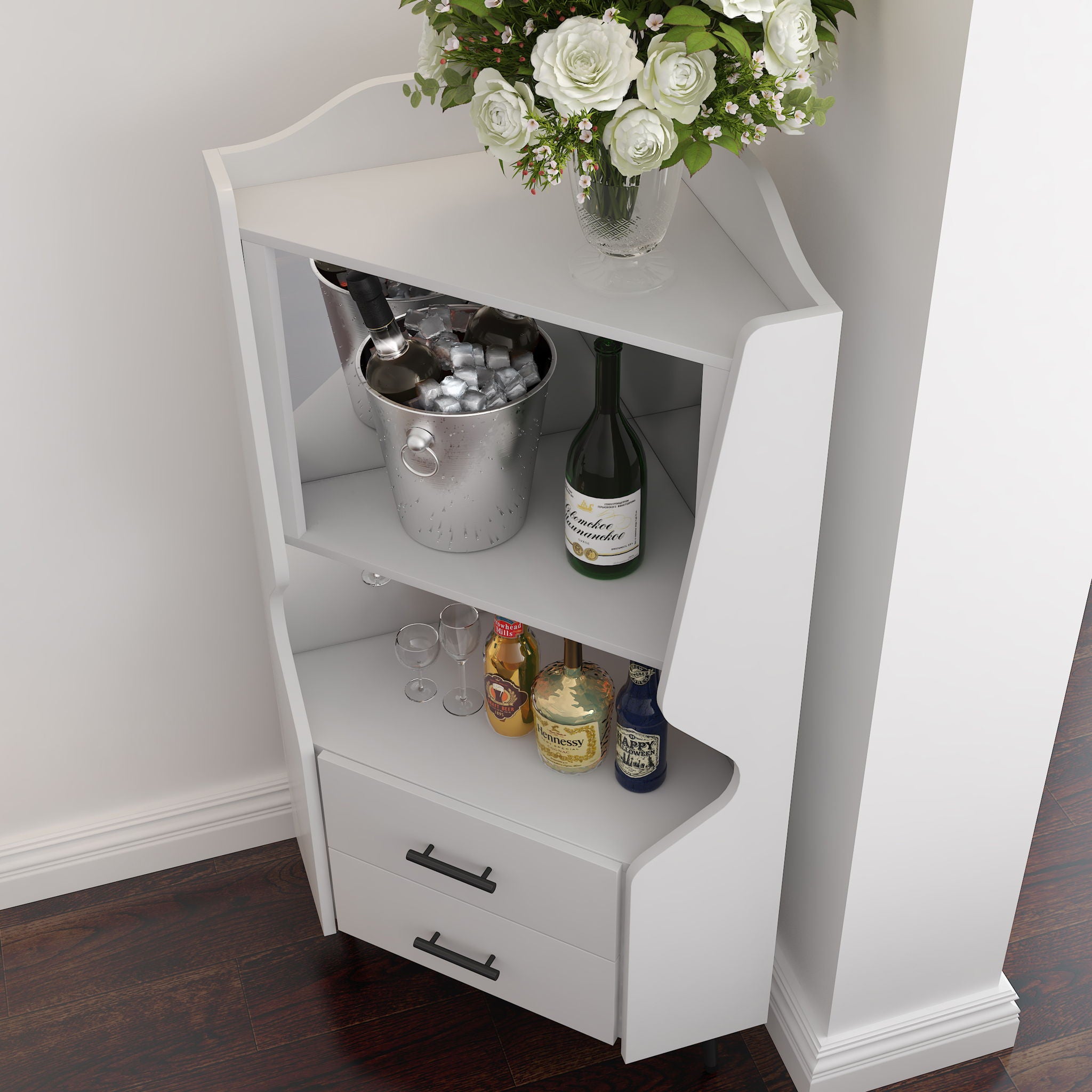 Corner Bar Cabinet With Mirrored Back, 2 Open Shelves & 2 Drawers, High Legs For Easy Cleaning