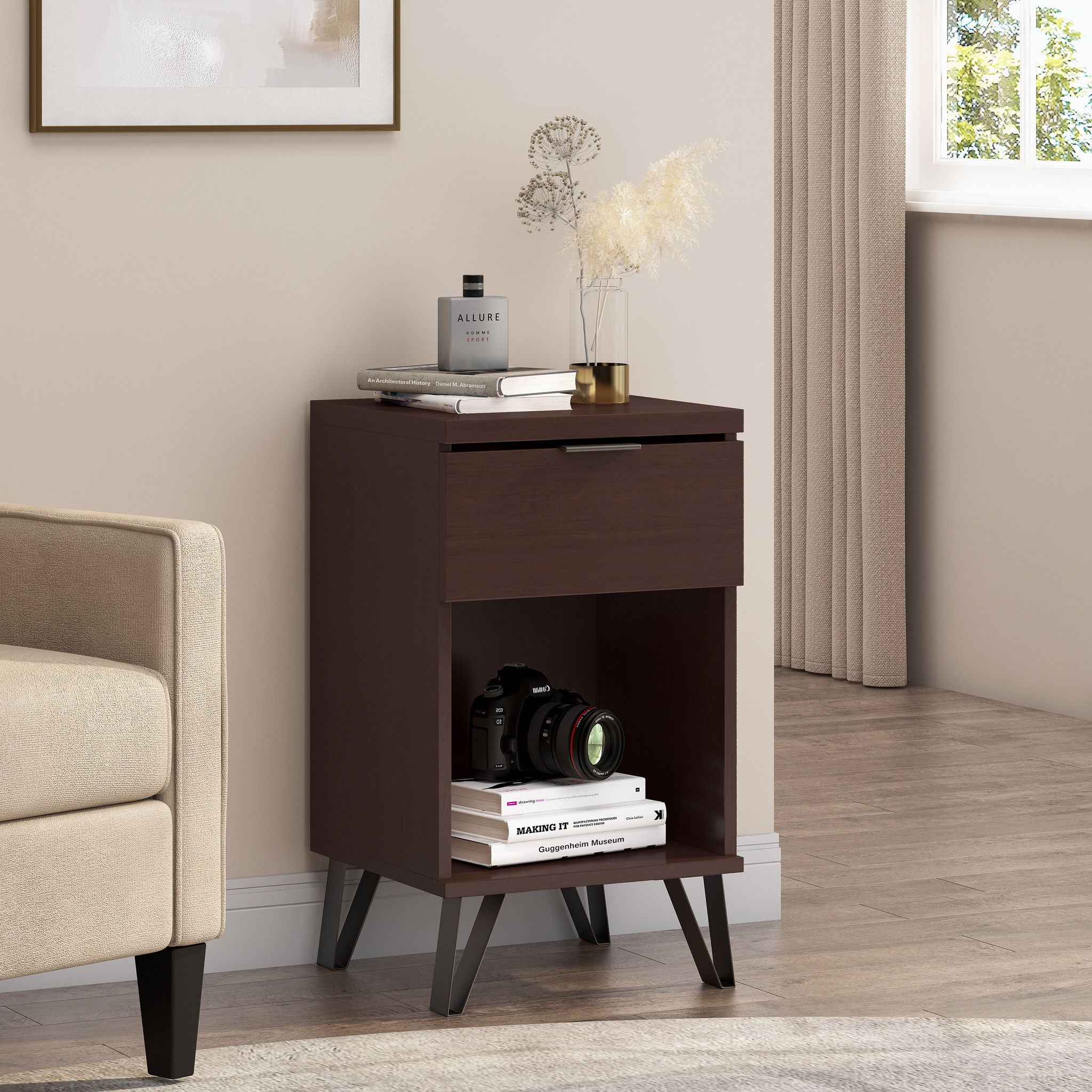 Modern Industrial Tall End Table With Drawer And Shelf - Walnut
