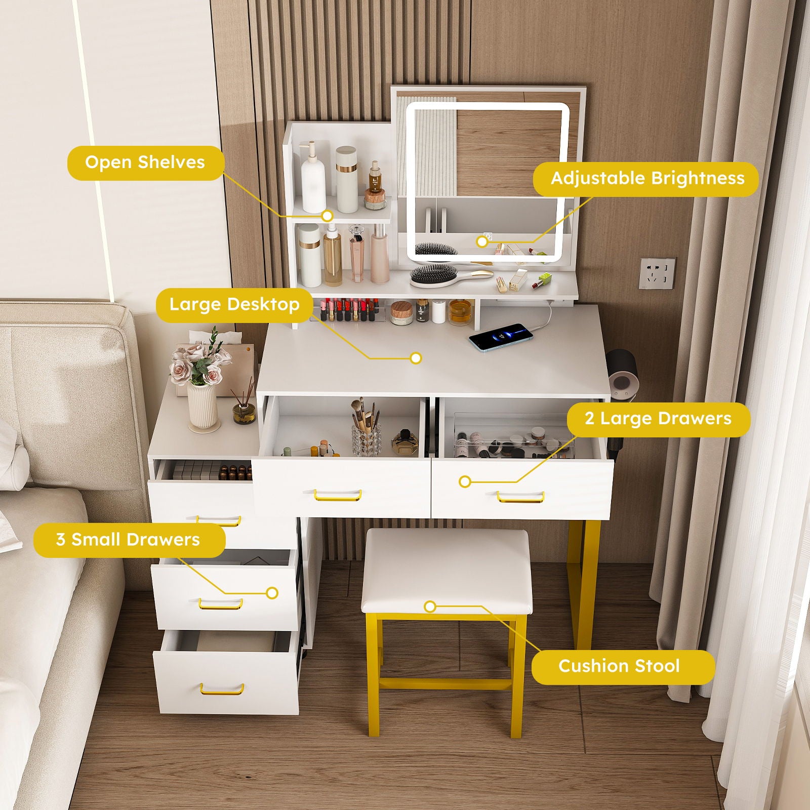 Elegant Makeup Vanity With Led Lights & Power Outlet - White