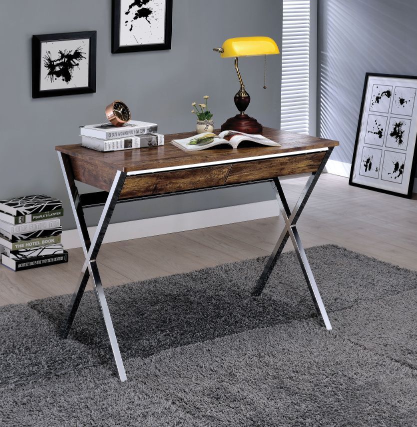 ACME Callers - Desk - Weathered Oak & Chrome | Meri Furniture