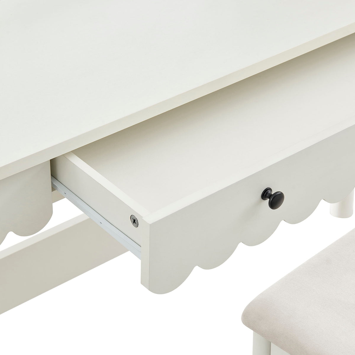 Emmeline Scalloped Makeup Vanity Desk With LED Mirror and Stool by Modway