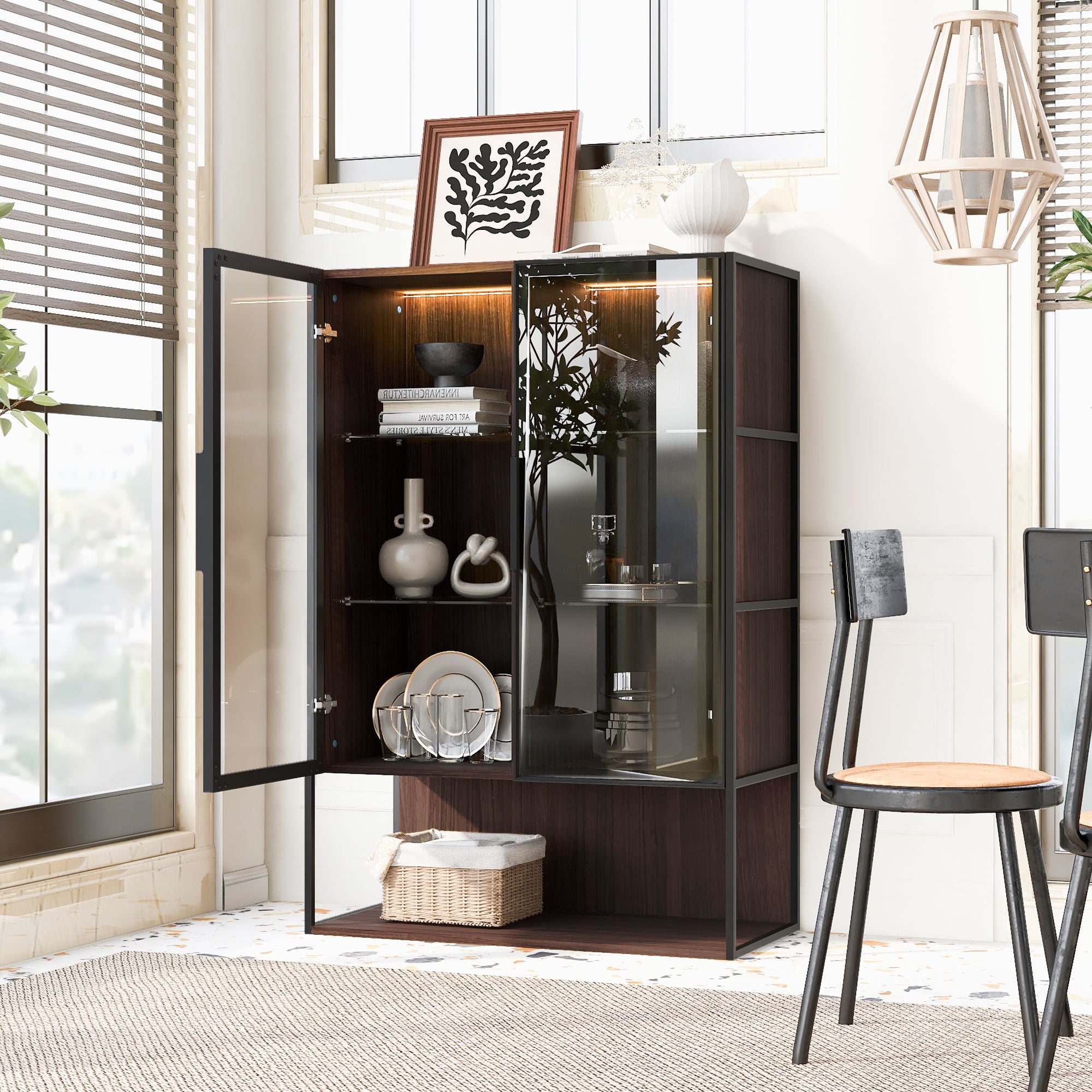 Modern Minimalist Tall Lighted Display Cabinet With Tempered Glass Door - Black / Dark Walnut