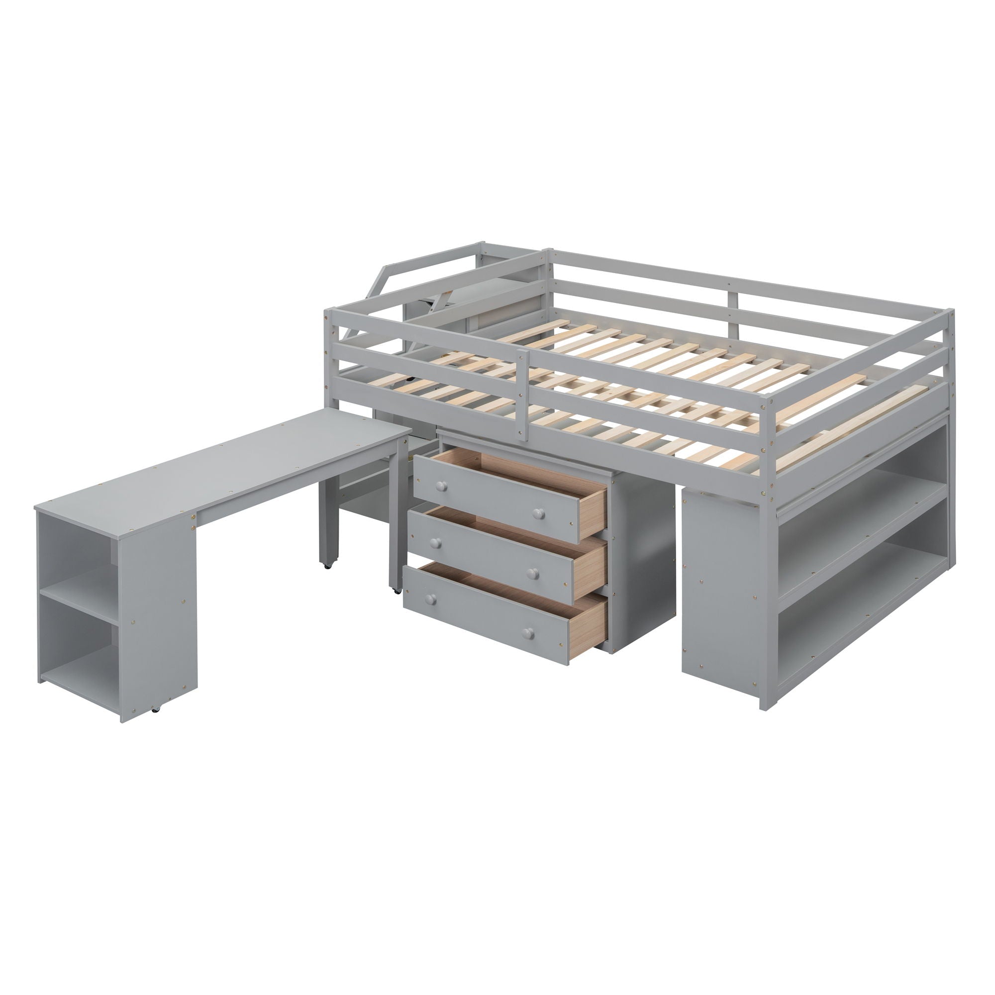 Loft Bed With Retractable Writing Desk And 3 Drawers With Storage Stairs And Shelves