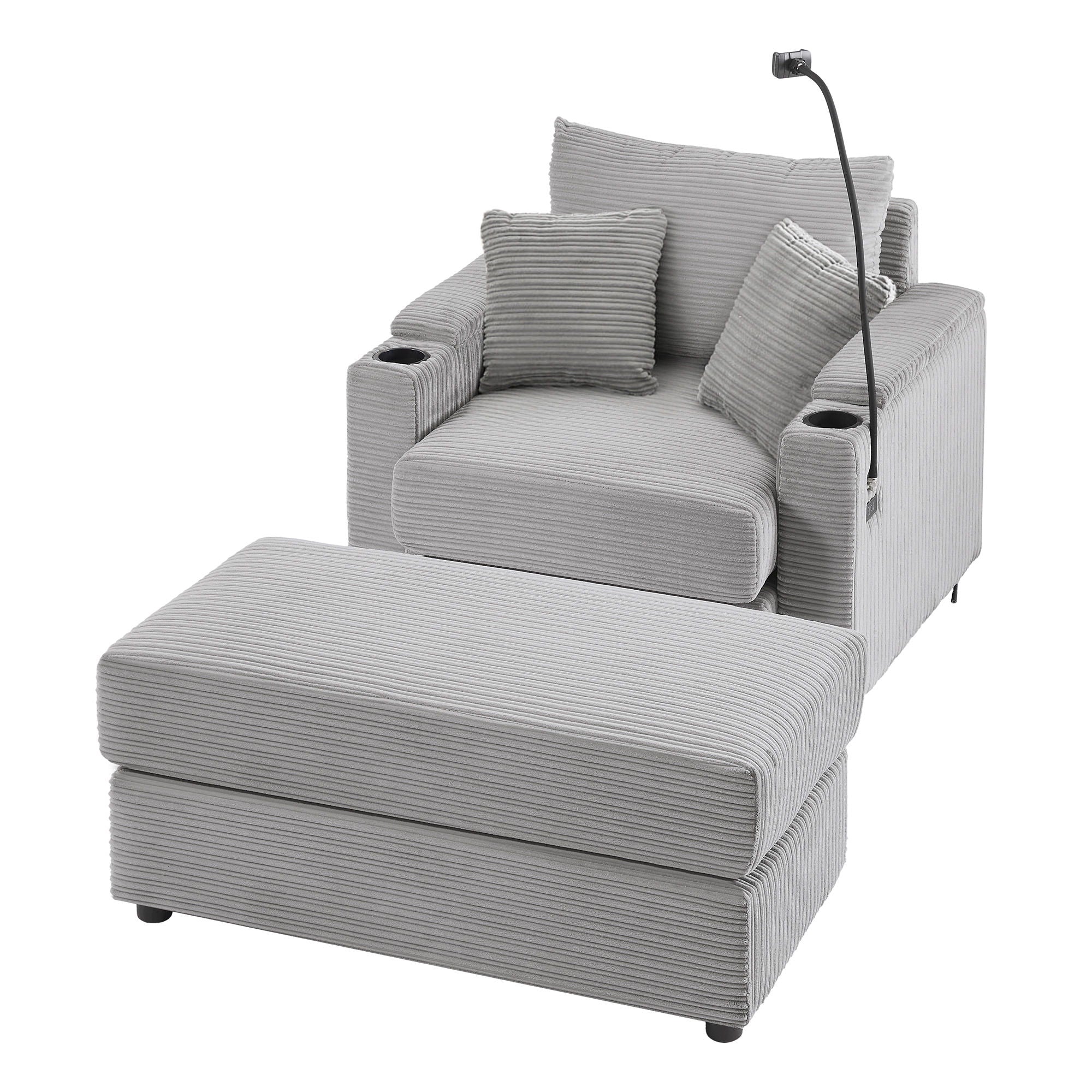 Single Sofa Couch With Storage Space, Movable Ottoman, USB Ports, Cup Holders, Phone Holder