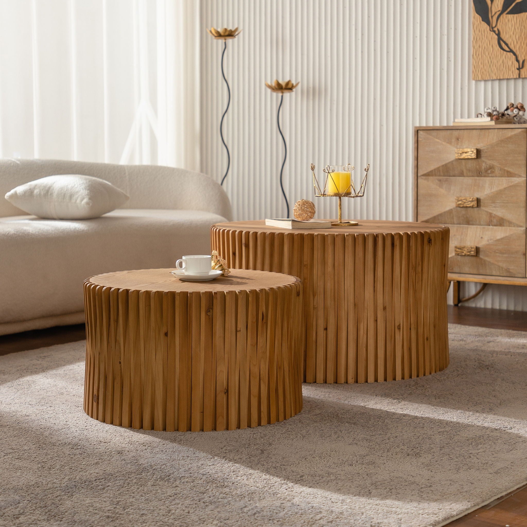 Cylindrical Coffee Table With Vertical Texture Relief