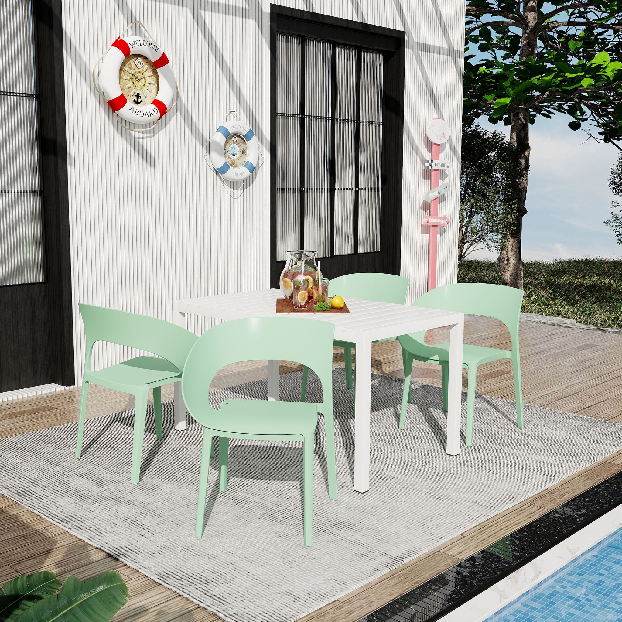 4 Piece Set Of Modern Designed Single Chairs With Long Table