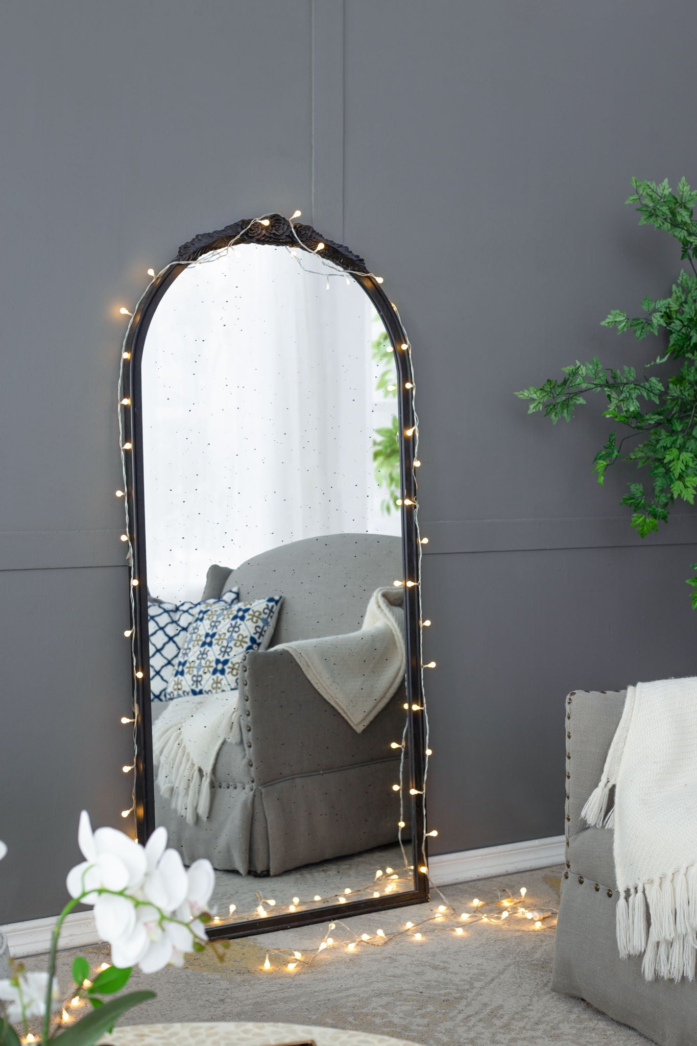 Hand Carved Rose Antique Mirror Frame, Wood Arch Mirror Wall Decor For Living Room