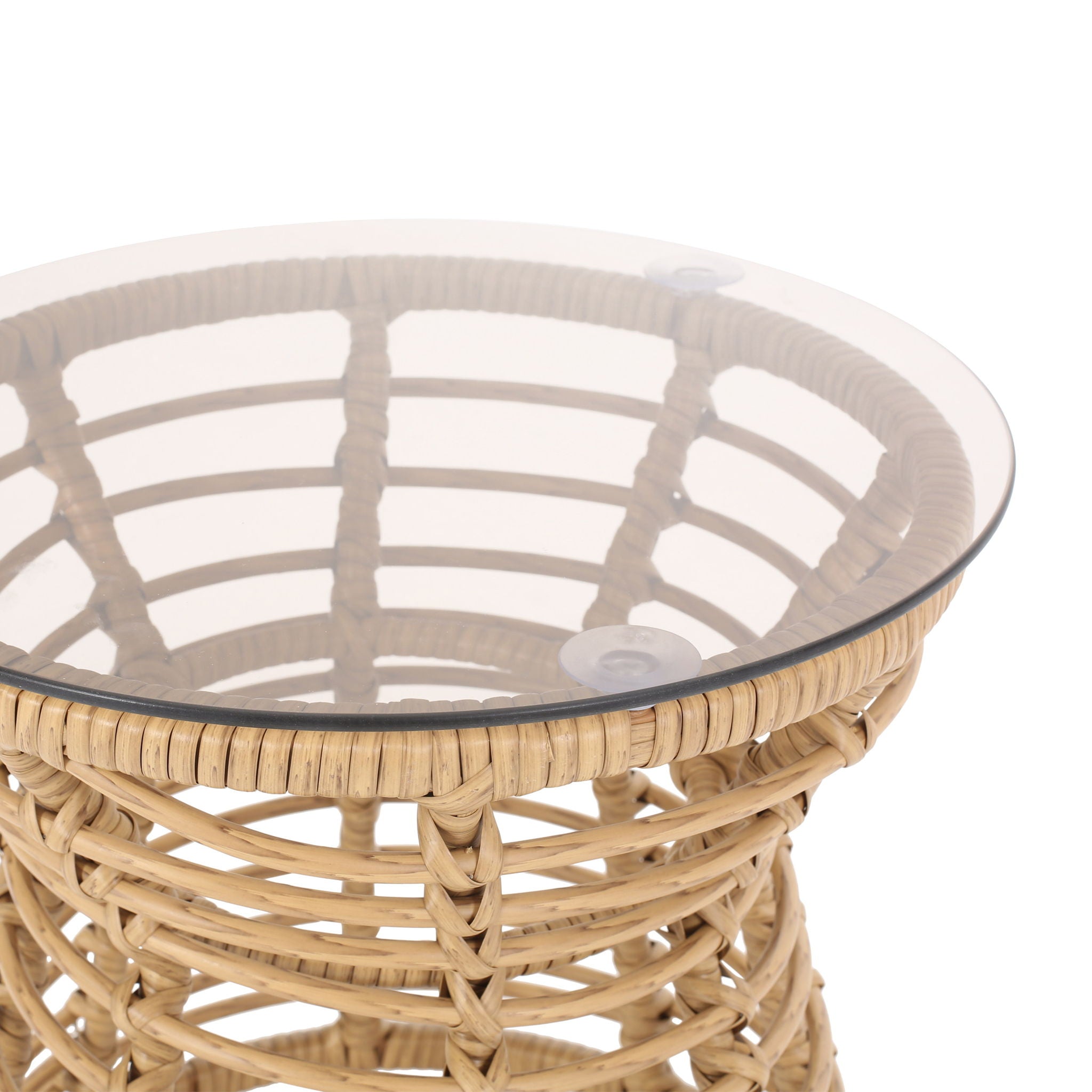 San Pedro - Boho Style Side Table With Tempered Glass Top - Light Brown Rattan