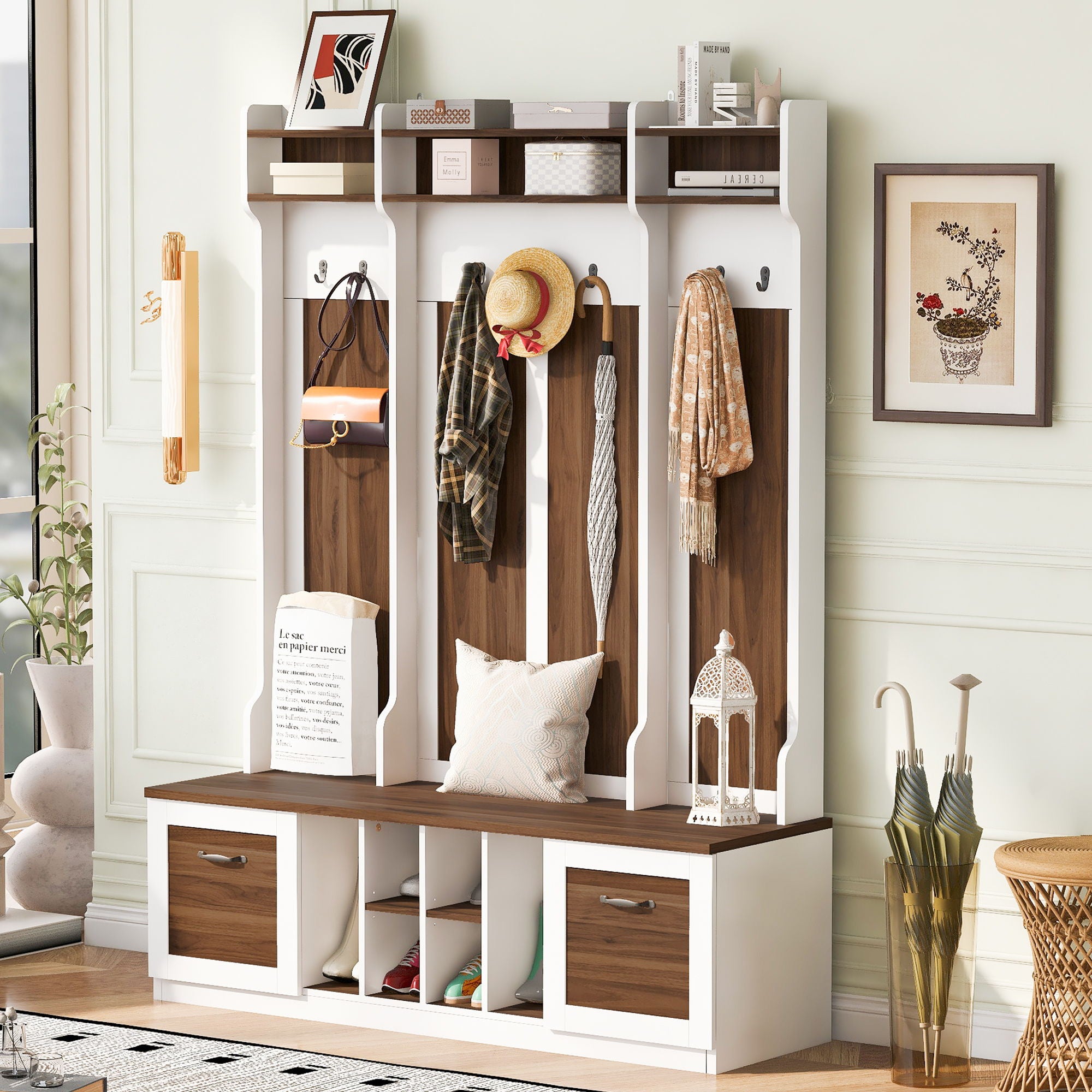 5 In 1 Entryway Bench With Coat Rack, 7 Sturdy Hooks, 2 Spacious Drawers And Adjustable Shelves