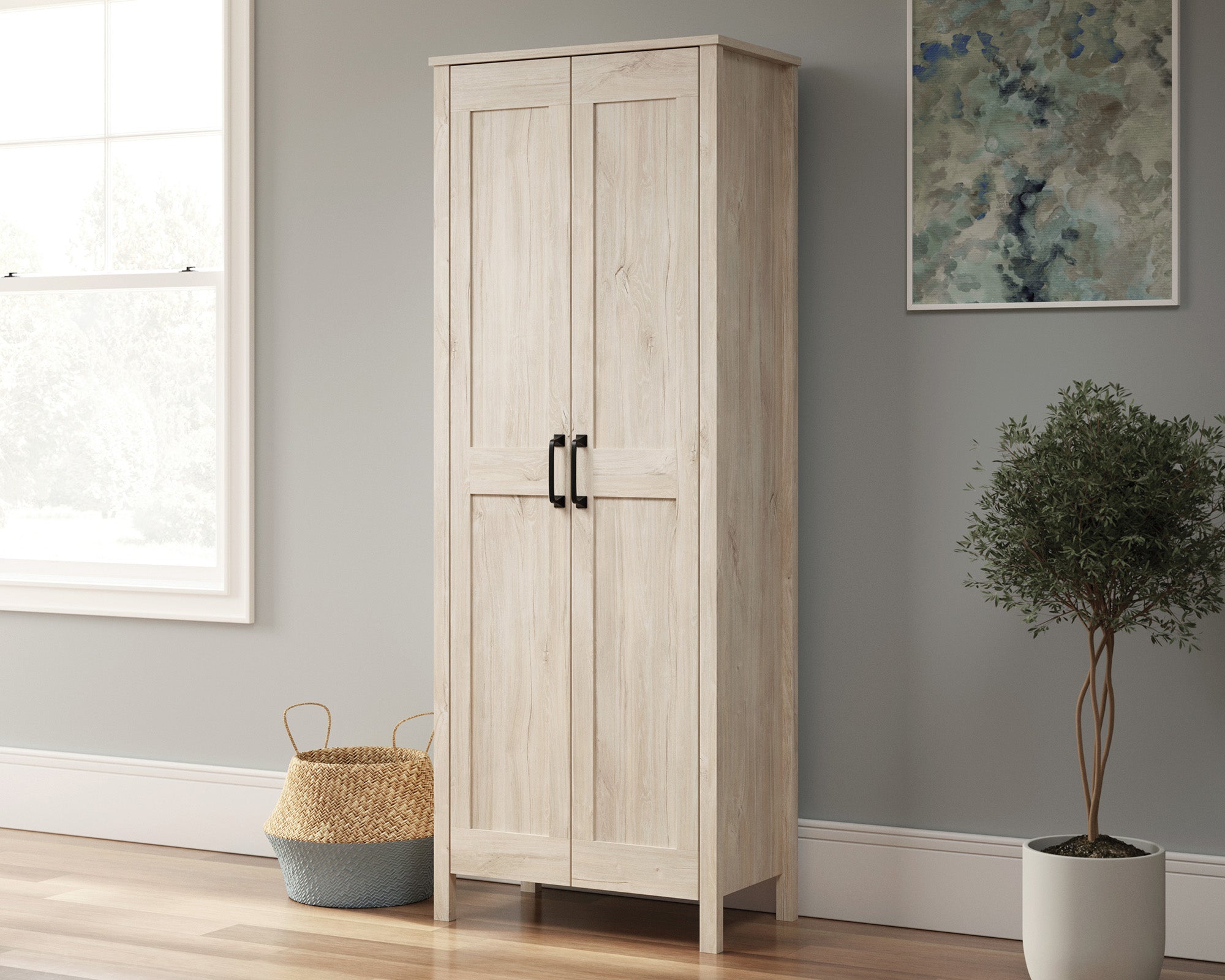 Sauder 2-Door Storage Cabinet Chalk Oak | Meri Furniture