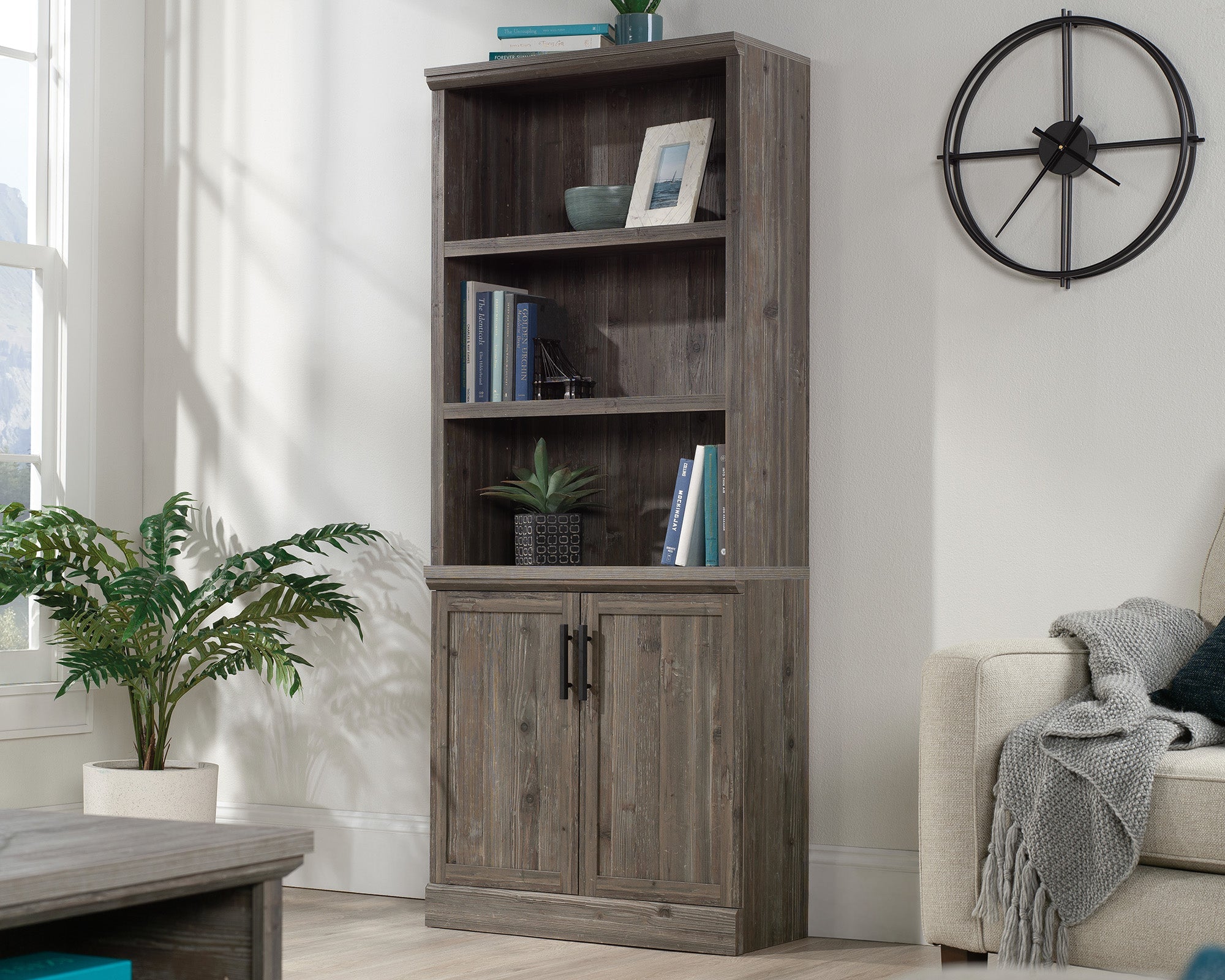 Sauder Aspen Post Library W/doors Pebble Pine | Meri Furniture
