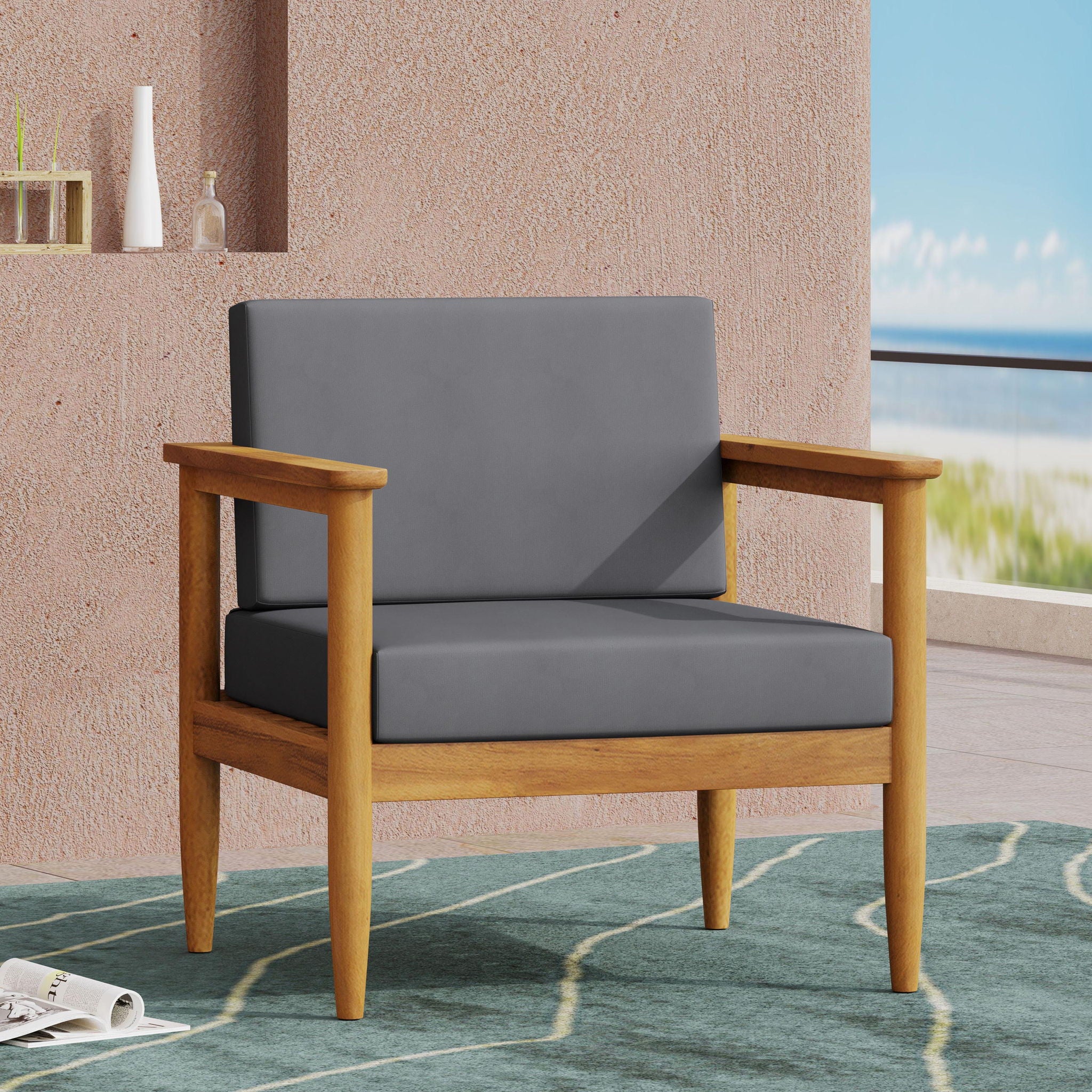 Outdoor Club Chair, Patio Chair With Teak Acacia Wood Frame - Dark Gray
