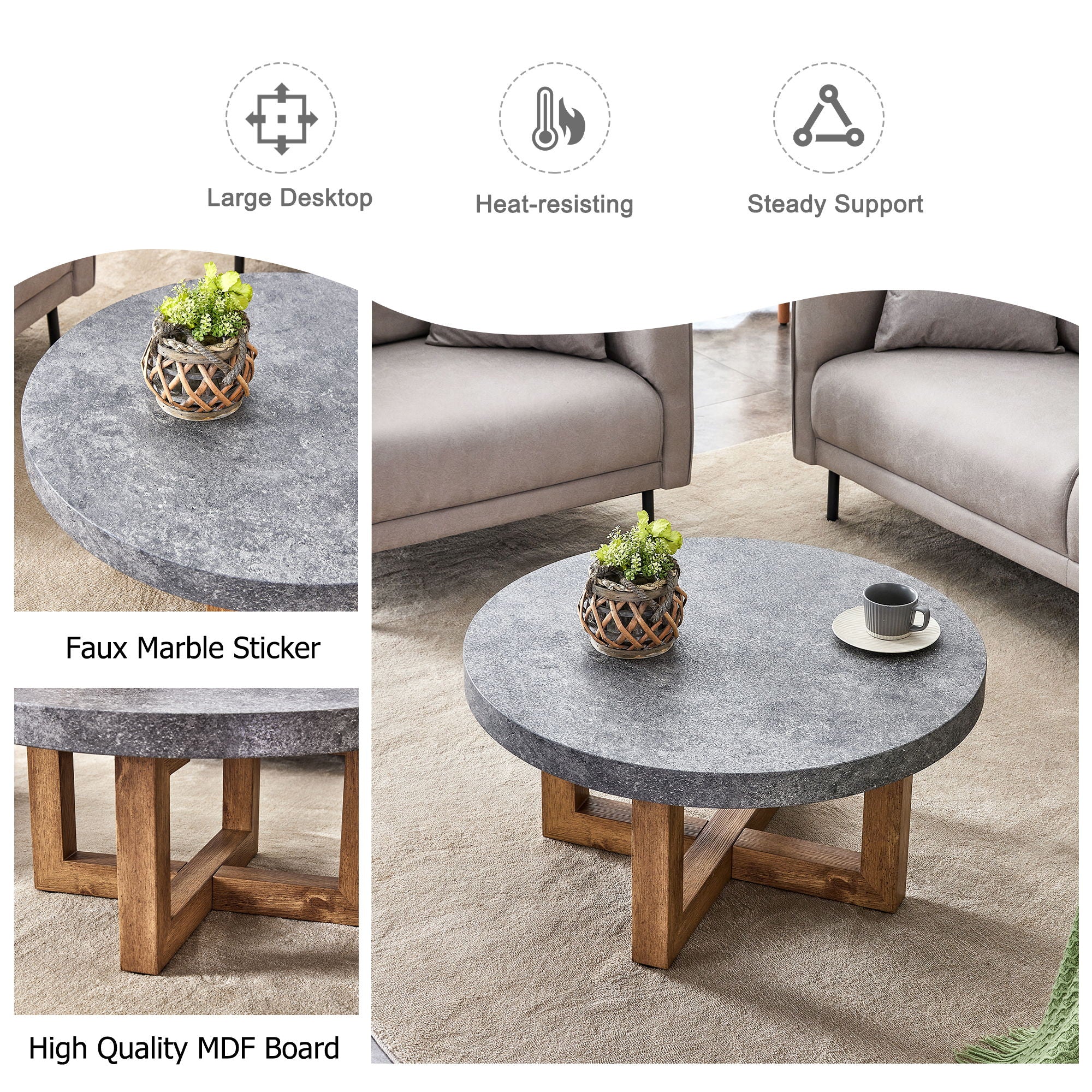 Modern Retro Texture Round Coffee Table With Crossed Legs - Gray