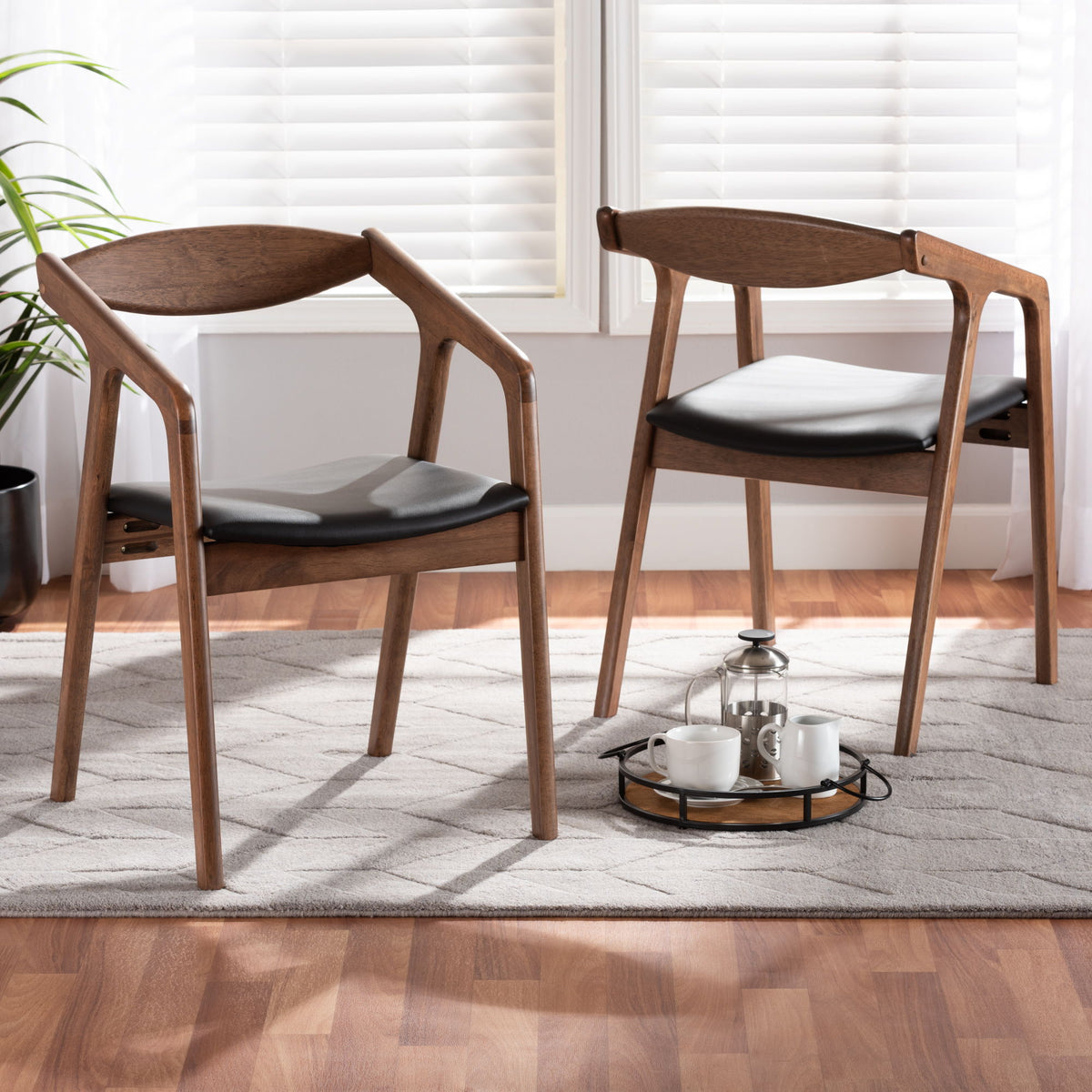 Harland Mid-Century Modern Black Faux Leather Upholstered and Walnut Brown Finished Wood 2-Piece Dining Chair Set