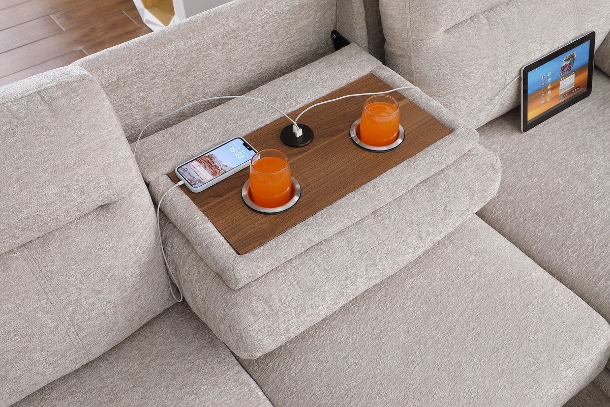 Kipling II 94"W Beige Chenille Fabric Sleeper Sectional Sofa with Right-Facing Chaise, Cupholders, USB Charging port