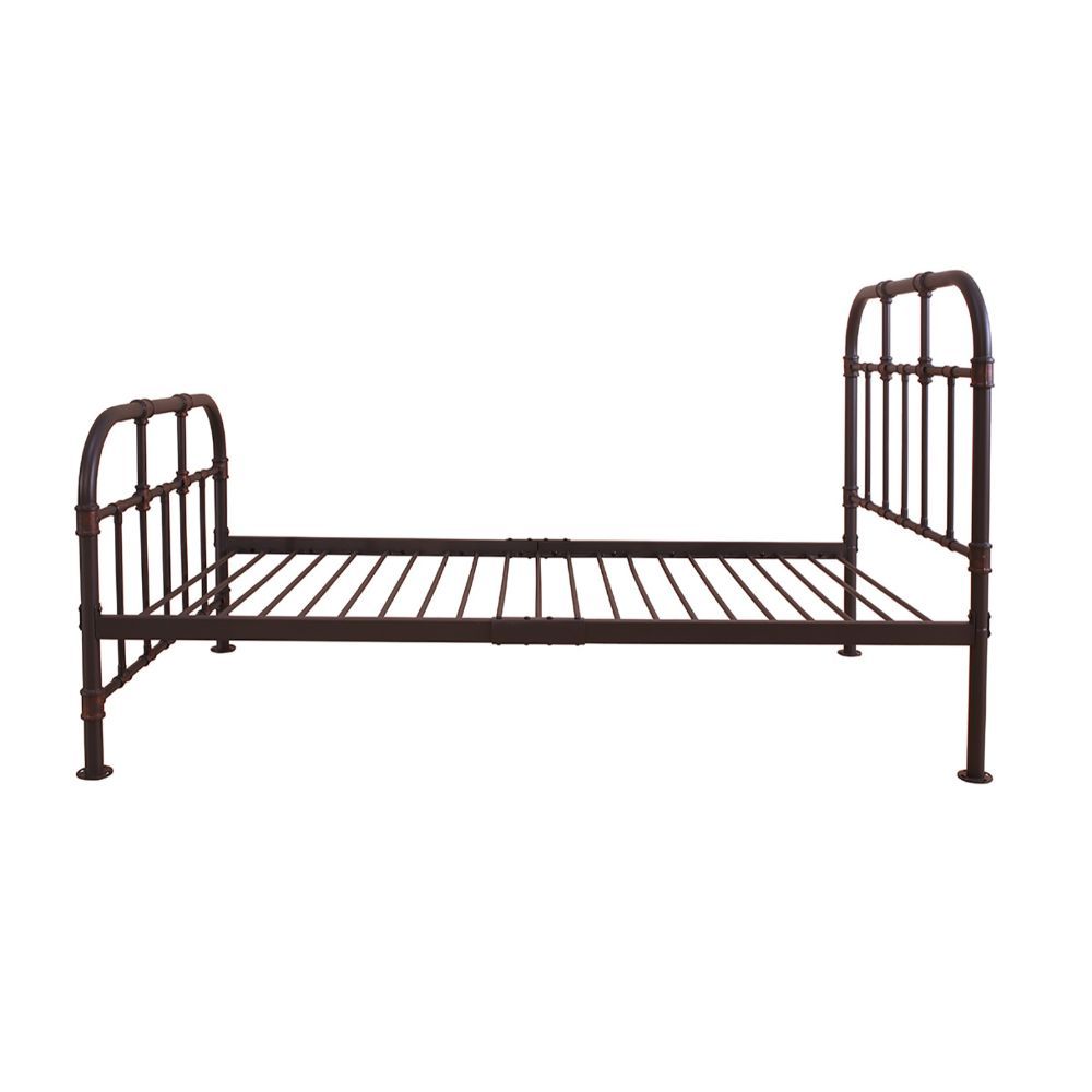 ACME With Industrial and vintage style the Nicipolis bed collection features sandy gray metal open frame, complemented by pipe castings with dark bronze hand brush accent. This collection will be a good choice for whom is seeking for a simple style bedroo