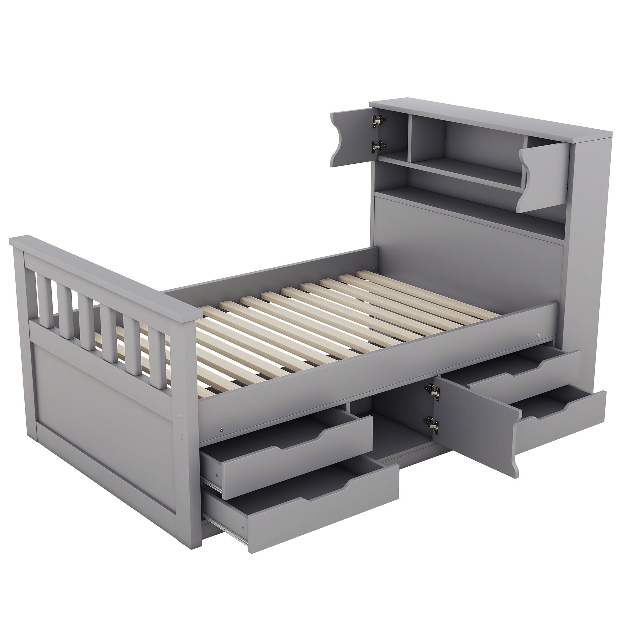 Captain Platform Bed Frame With Storage Bookcases, Shelves, And 4 Drawers