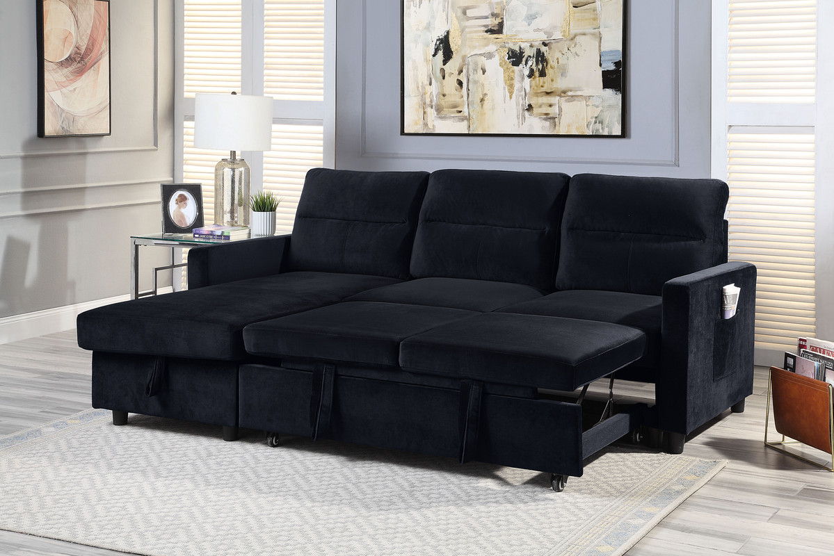 Ivy 81.5"W Black Velvet Reversible Sleeper Sectional Sofa with Storage Chaise and Side Pocket