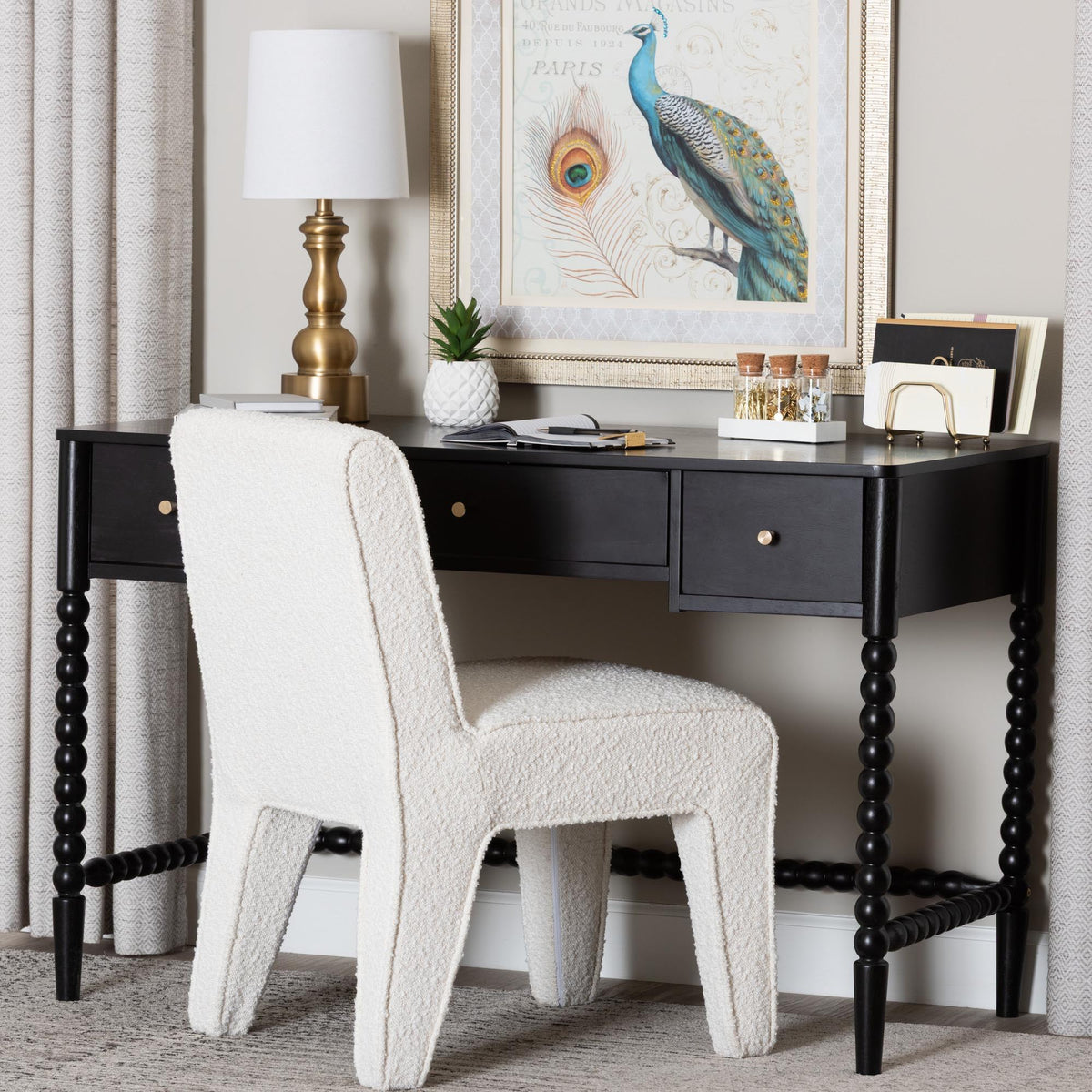 Lucera Bobbin Writing Desk - 3-Drawer Home Office Desk with Spindle Frame, Black