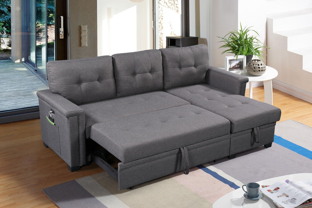 Ashlyn 84"W Dark Gray Reversible Sleeper Sectional Sofa with Storage Chaise, USB Charging Ports and Pocket