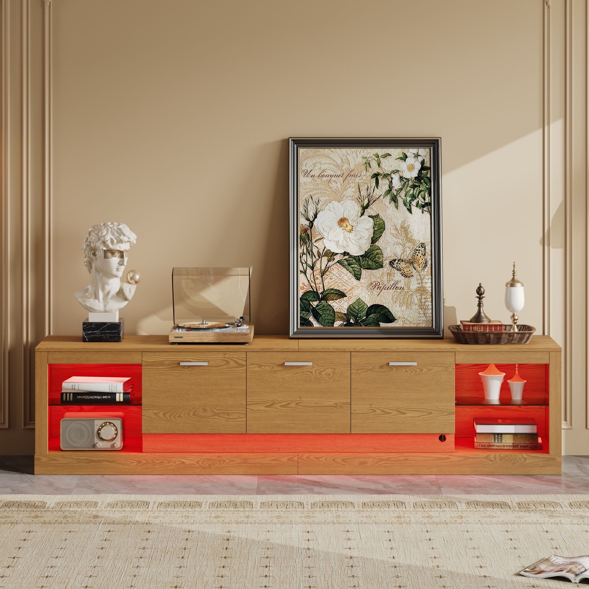 TV Stand With 6 Cabinets & 2 Open Compartments, Entertainment Center For TVs Up To 90'', Television Console - Natural Wood
