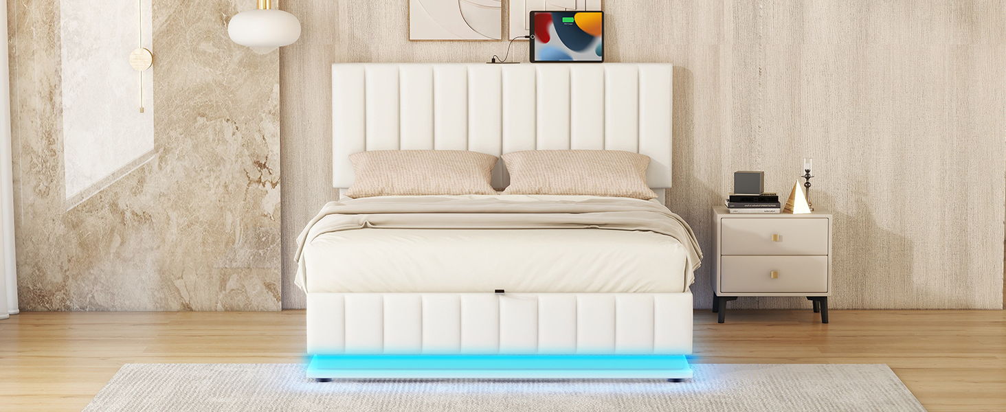 Upholstered Bed With Hydraulic Storage System And LED Light, With Sockets And USB Ports