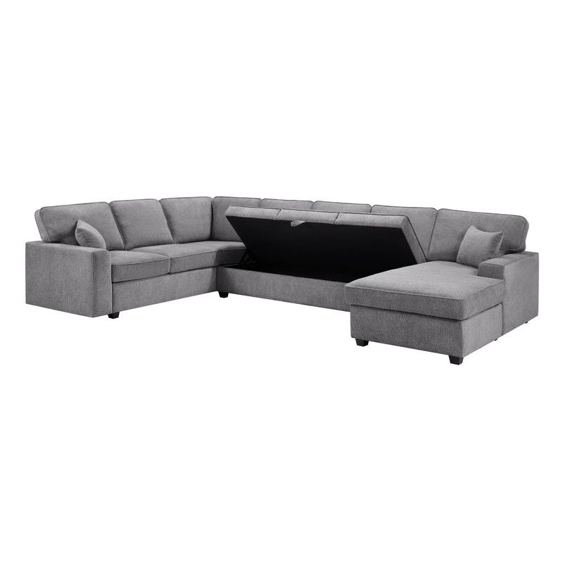 Samara 137"W Gray Chenille Sectional Sofa with Right-Facing Chaise, Underseat Storage, Throw Pillows