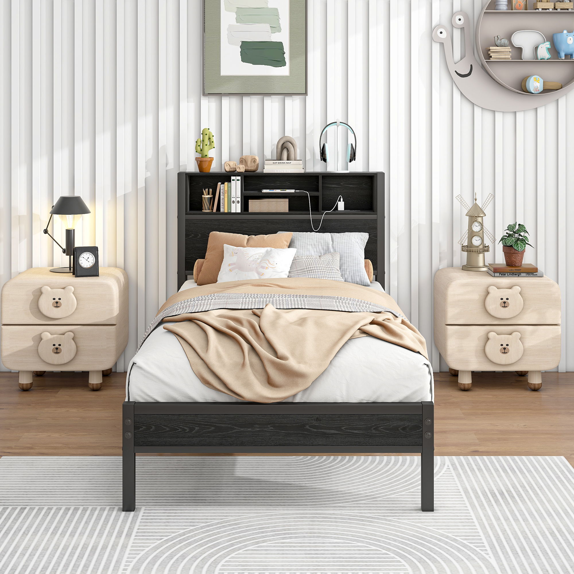 Modern Metal Platform Bed Frame With Storage Headboard And Charging Station