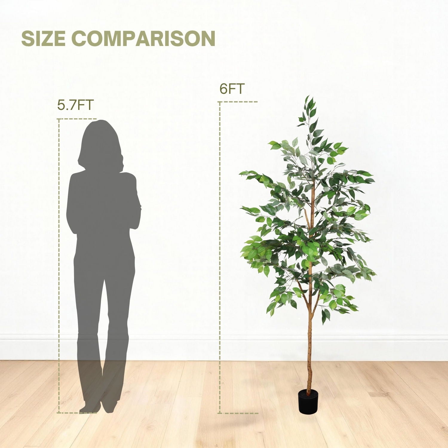 6Ft Artificial Ficus Tree With Natural Trunk In Pot For Indoor Home Office Decor - Green Leaves