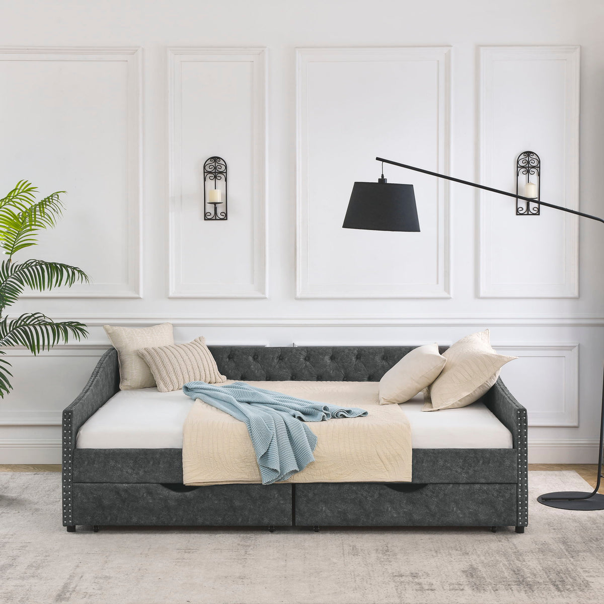 Queen Size Upholstered Daybed With Tufted Back And Nail Trimmed Waved Arms - Gray