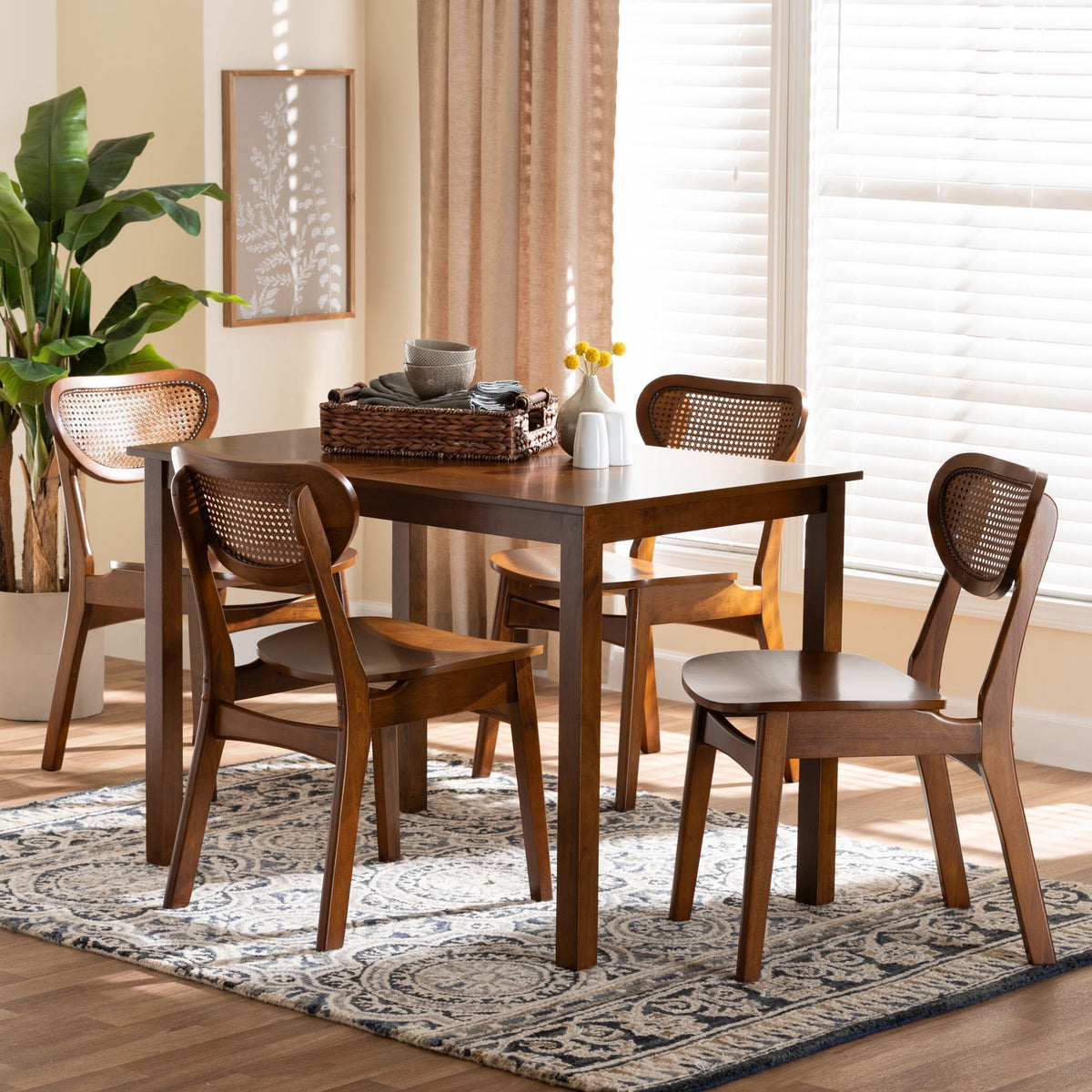 Jeriah Mid-Century Modern Walnut Brown Finished Wood and Woven Rattan 5-Piece Dining Set