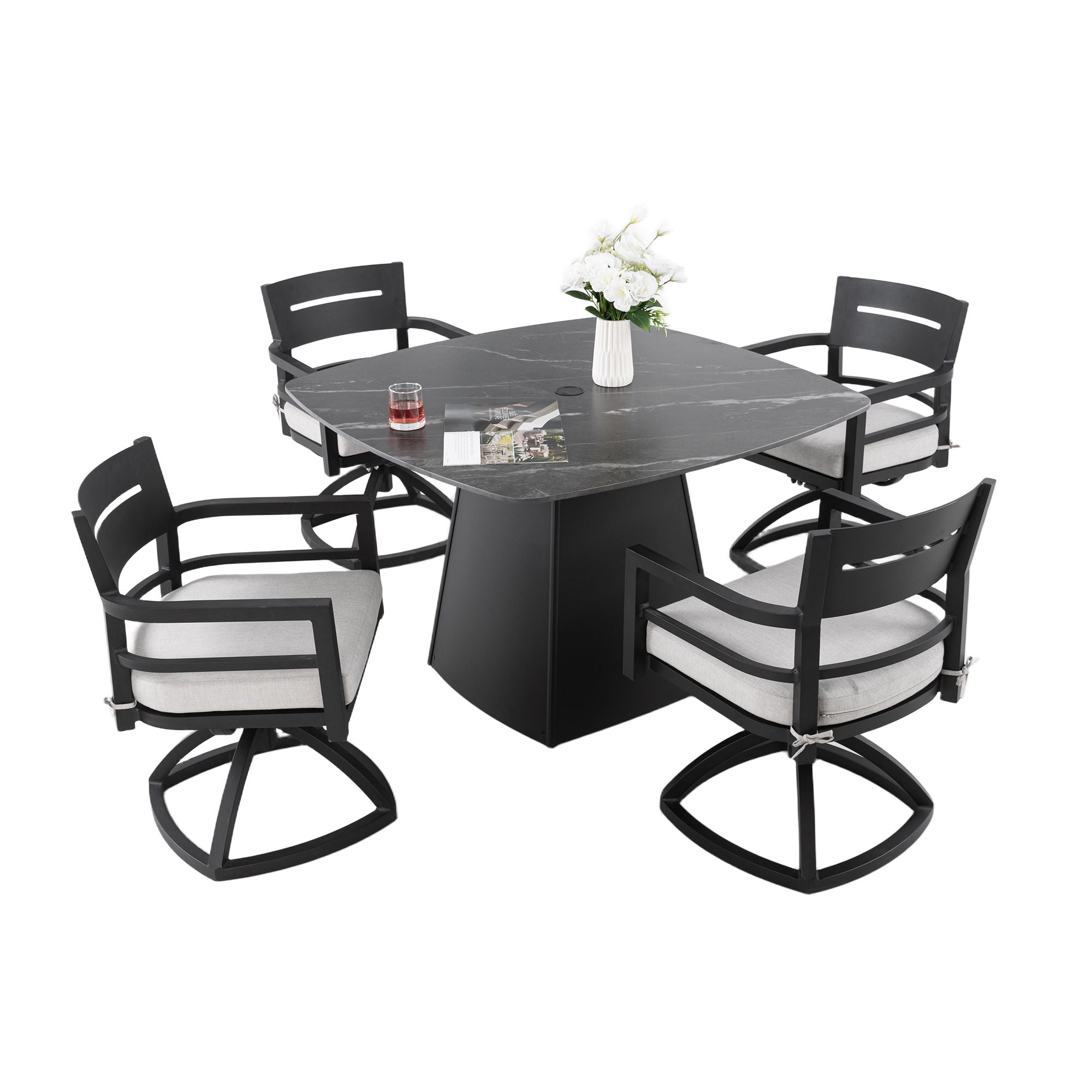 Outdoor Patio Dining Set, Squircle Dining Table, Dining Chairs With Sunbrella Cushions