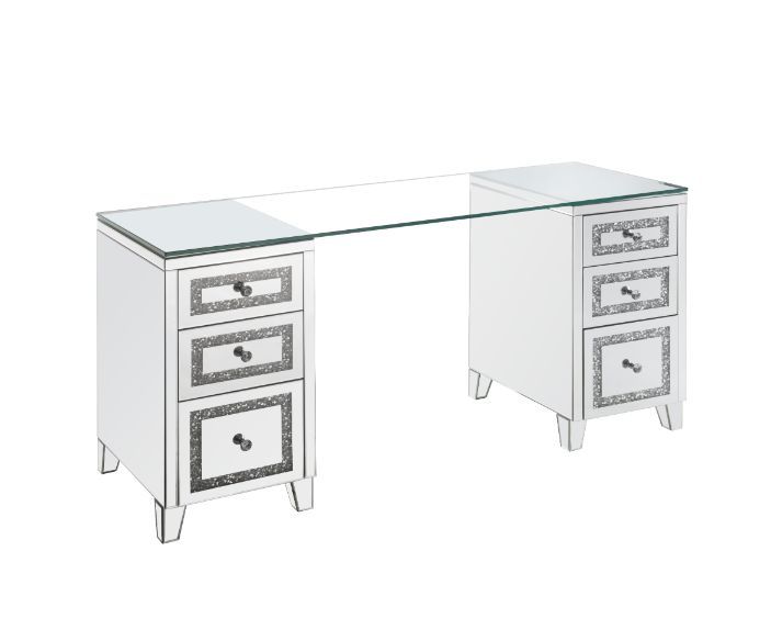 ACME Noralie - Writing Desk - Clear Glass, Mirrored & Faux Diamonds - 31" | Meri Furniture