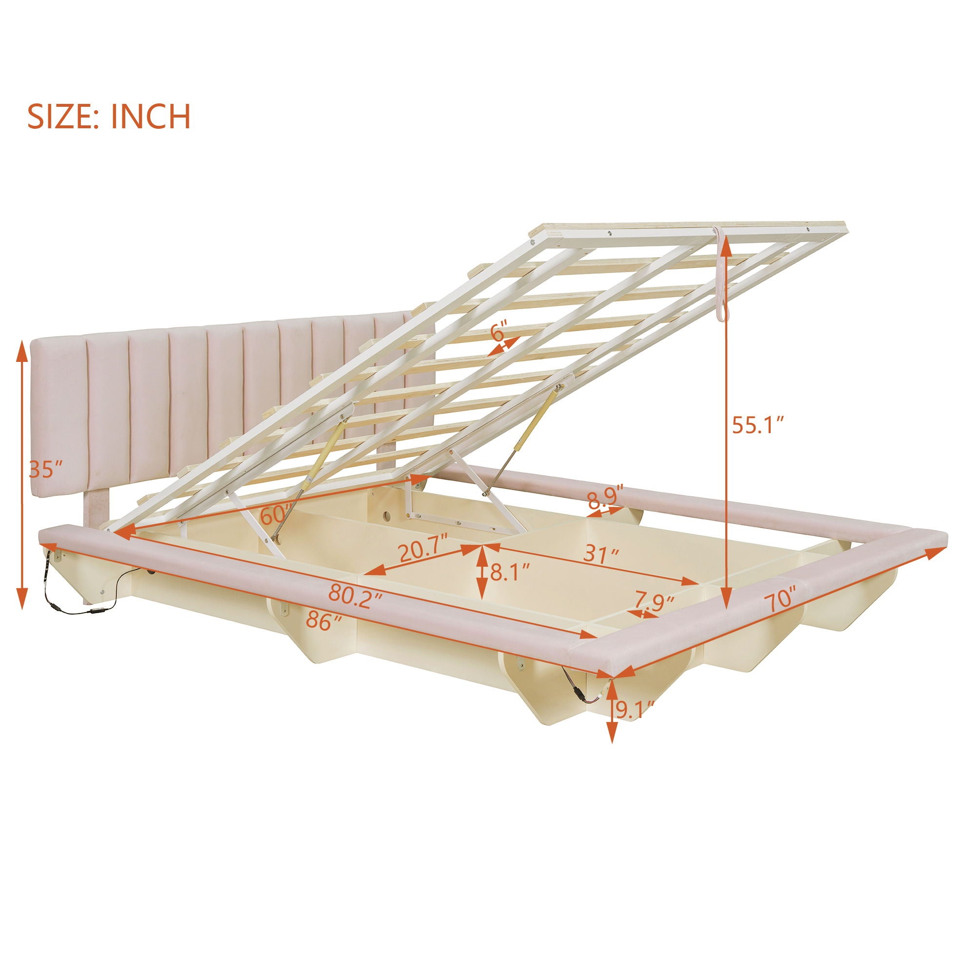 Upholstered Floating Hydrualic Platform Bed With LED Light And USB Port
