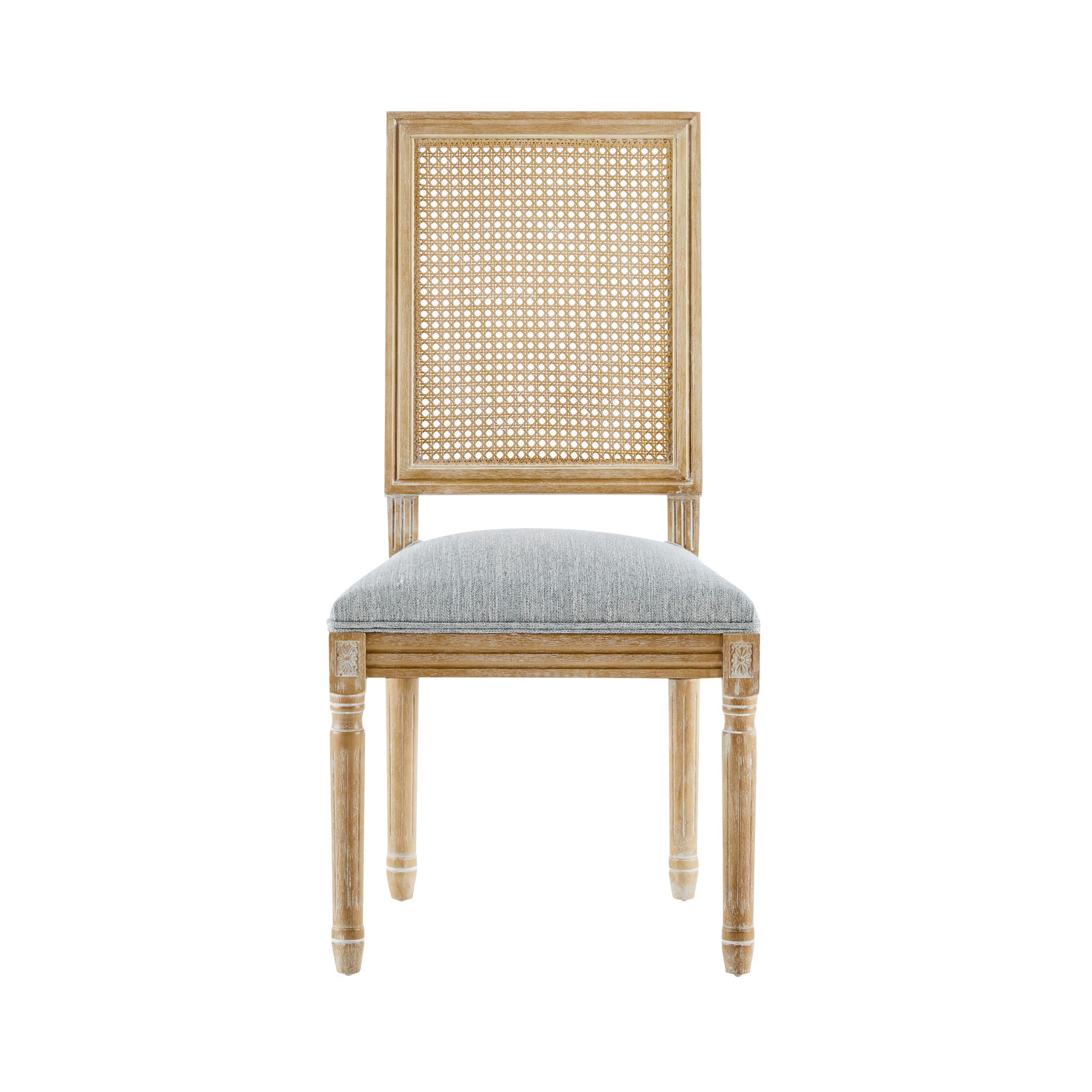 French Country Dining Chair With Rectangular Cane Backrest And Smooth Upholstered Seating