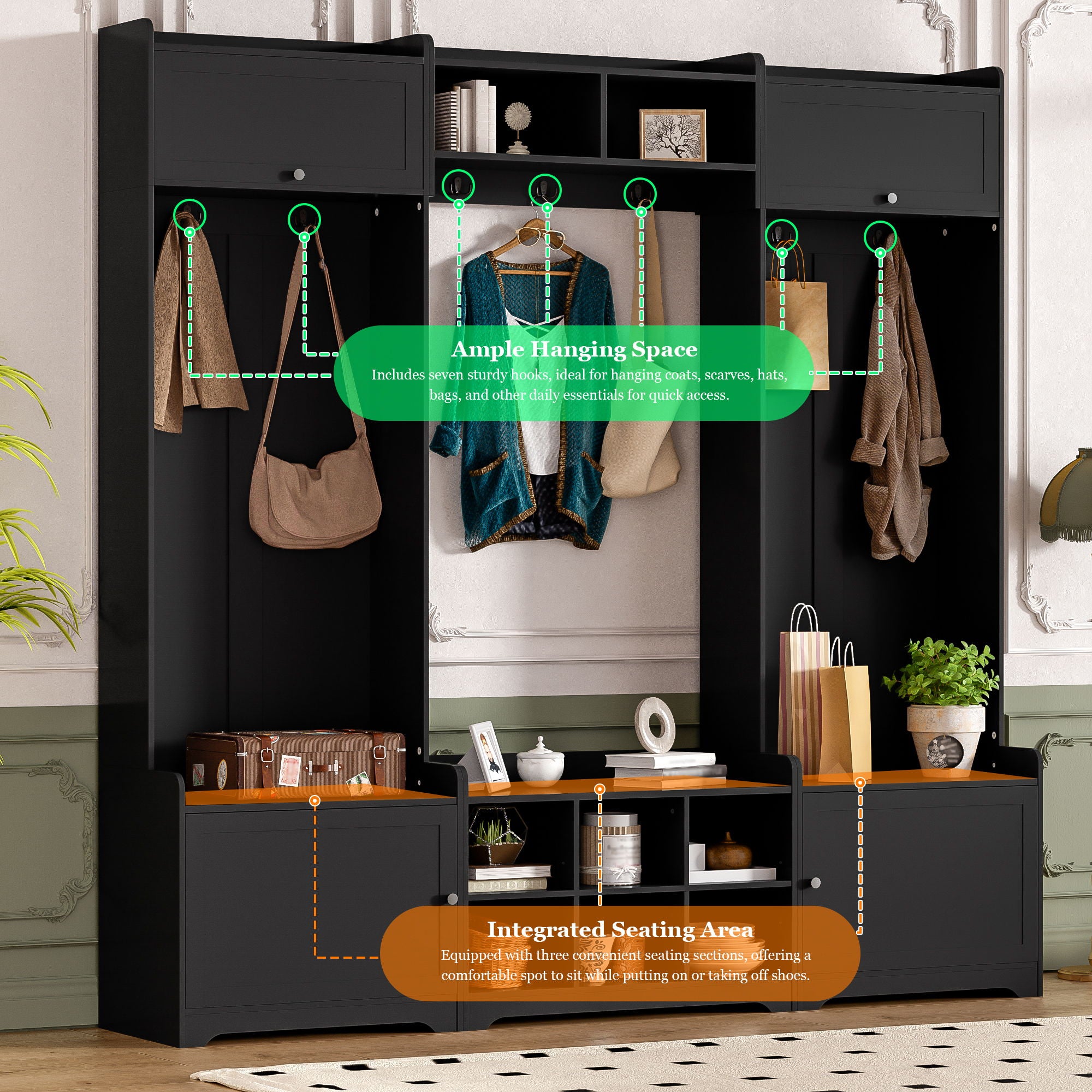 Wide Hall Tree With Shoe Storage, 4 In 1 Entryway Bench With 8 Cubbies, 7 Coat Hooks & Adjustable Shelf For Hallway - Black