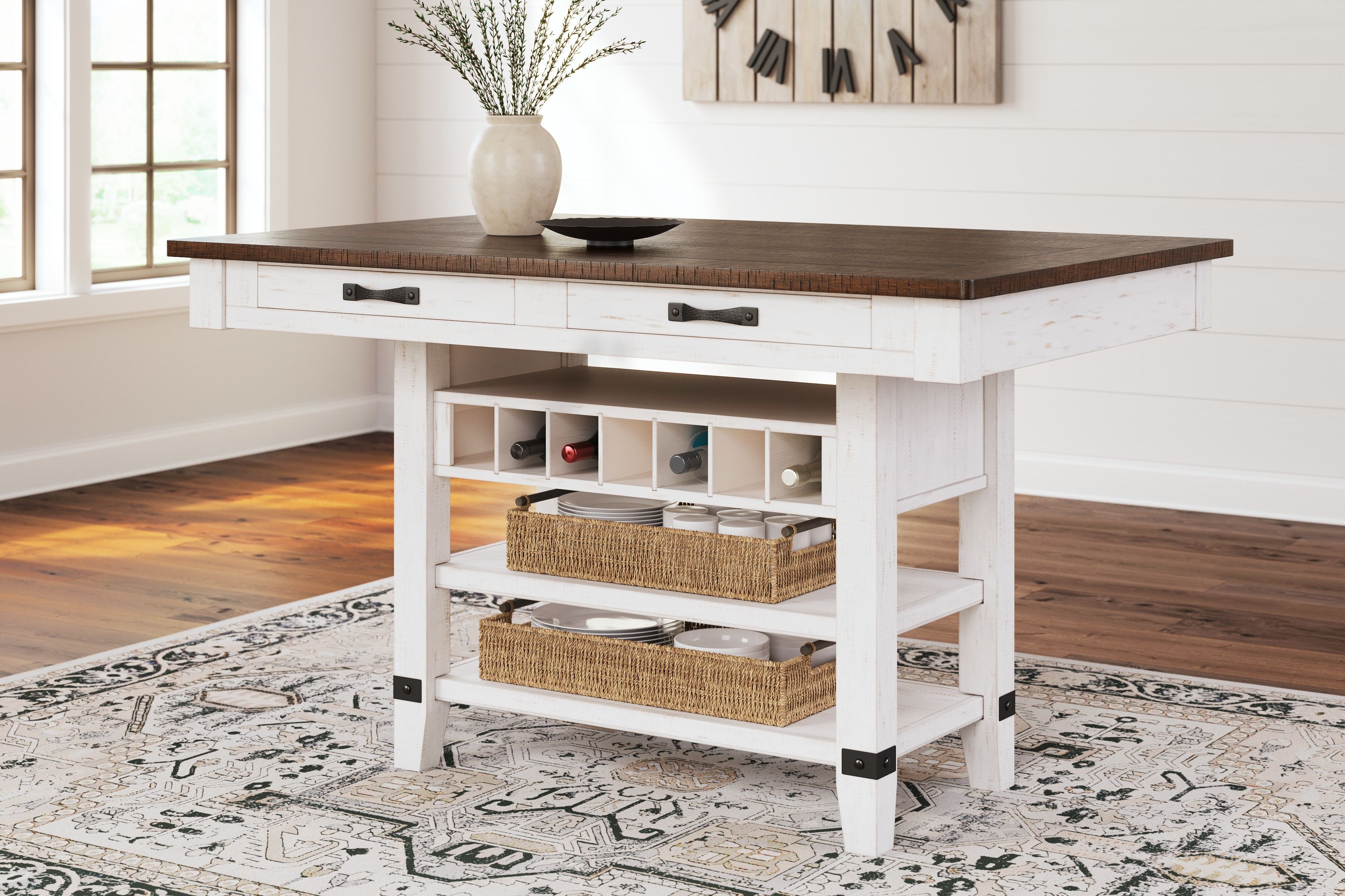 Signature Design by Ashley® Valebeck - White / Brown - 5 Pc. - Counter Table With Wine Rack, 4 Swivel Stools | Meri Furniture