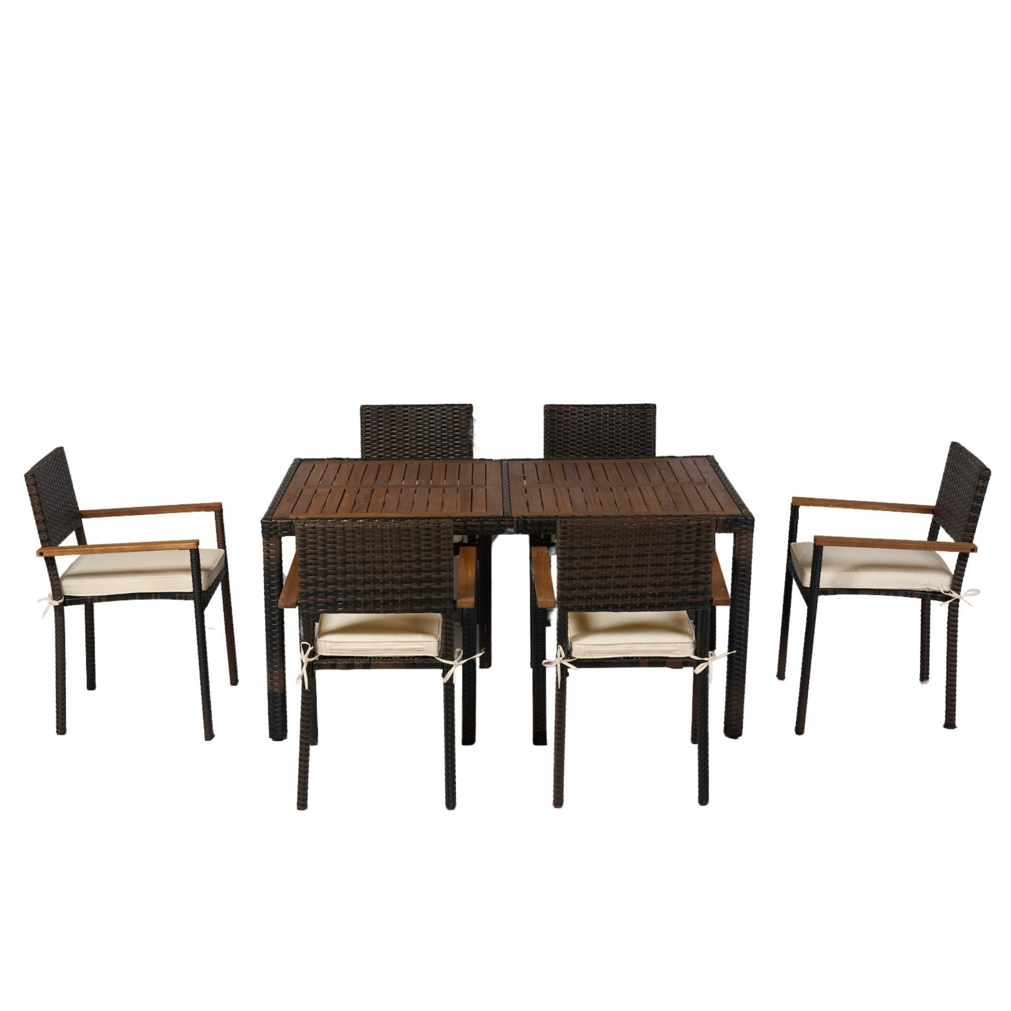 7 Piece Outdoor Patio Wicker Dining Set Patio Wicker Furniture Dining Set With Top - Brown / Cream